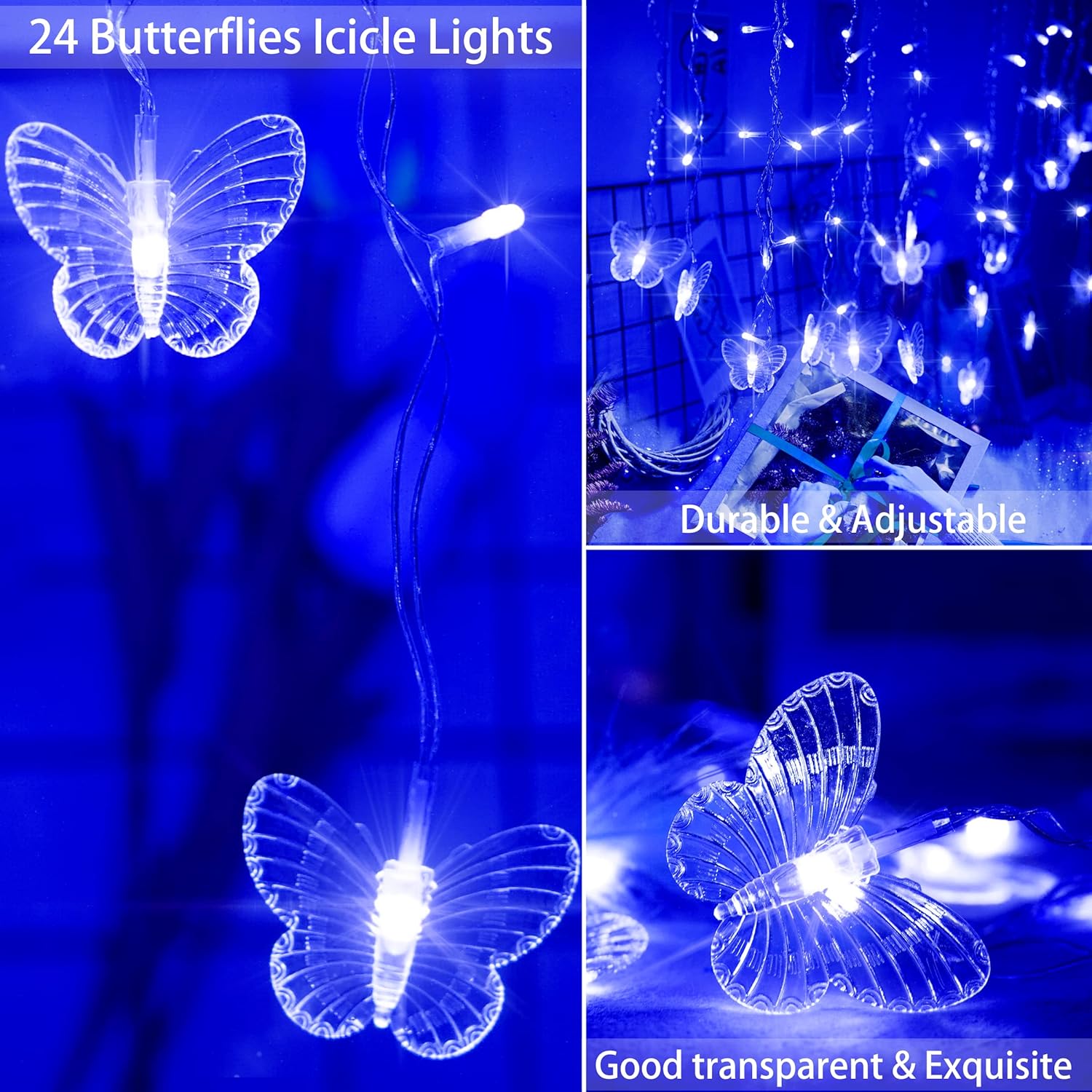 Guirnalda de luces de mariposa azul con enchufe USB, 120 LED, 8 modos, 20 pies, luciérnaga, luces de carámbano parpadeantes, con temporizador