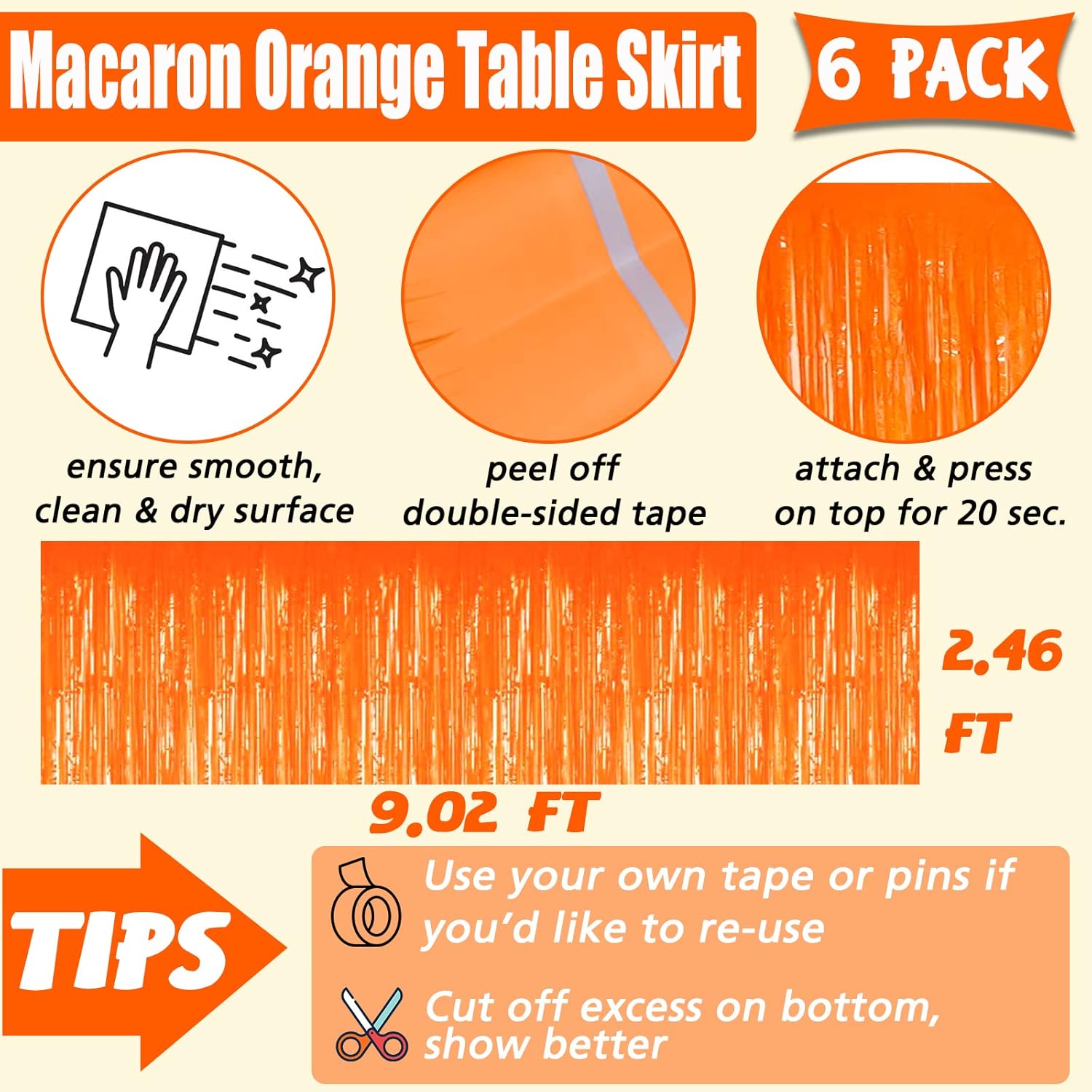 Paquete de 6 faldas de mesa de 29 x 108 pulgadas con flecos metálicos de color naranja para decoración de fiesta de oropel con serpentina, cortinas
