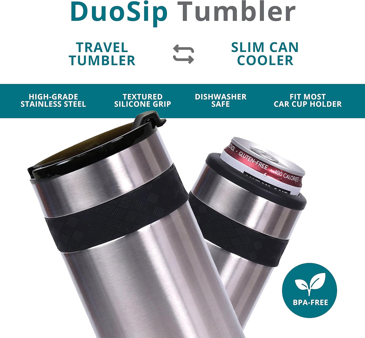Elemental Duo-Sip – Vaso de café de viaje 2 en 1 con tapa 100% a prueba de fugas y aislante delgado para latas delgadas de 12 onzas, acero