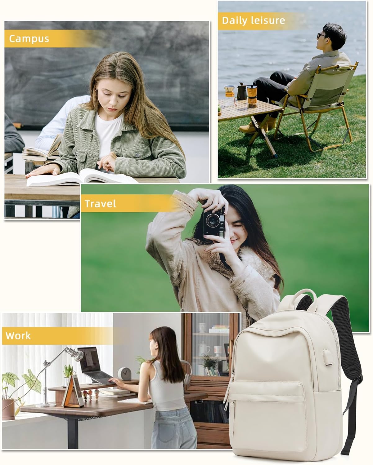 VECAVE Mochila ligera para mujeres y hombres, mochila casual de viaje para laptop, A1-beige-2, Mochila casual