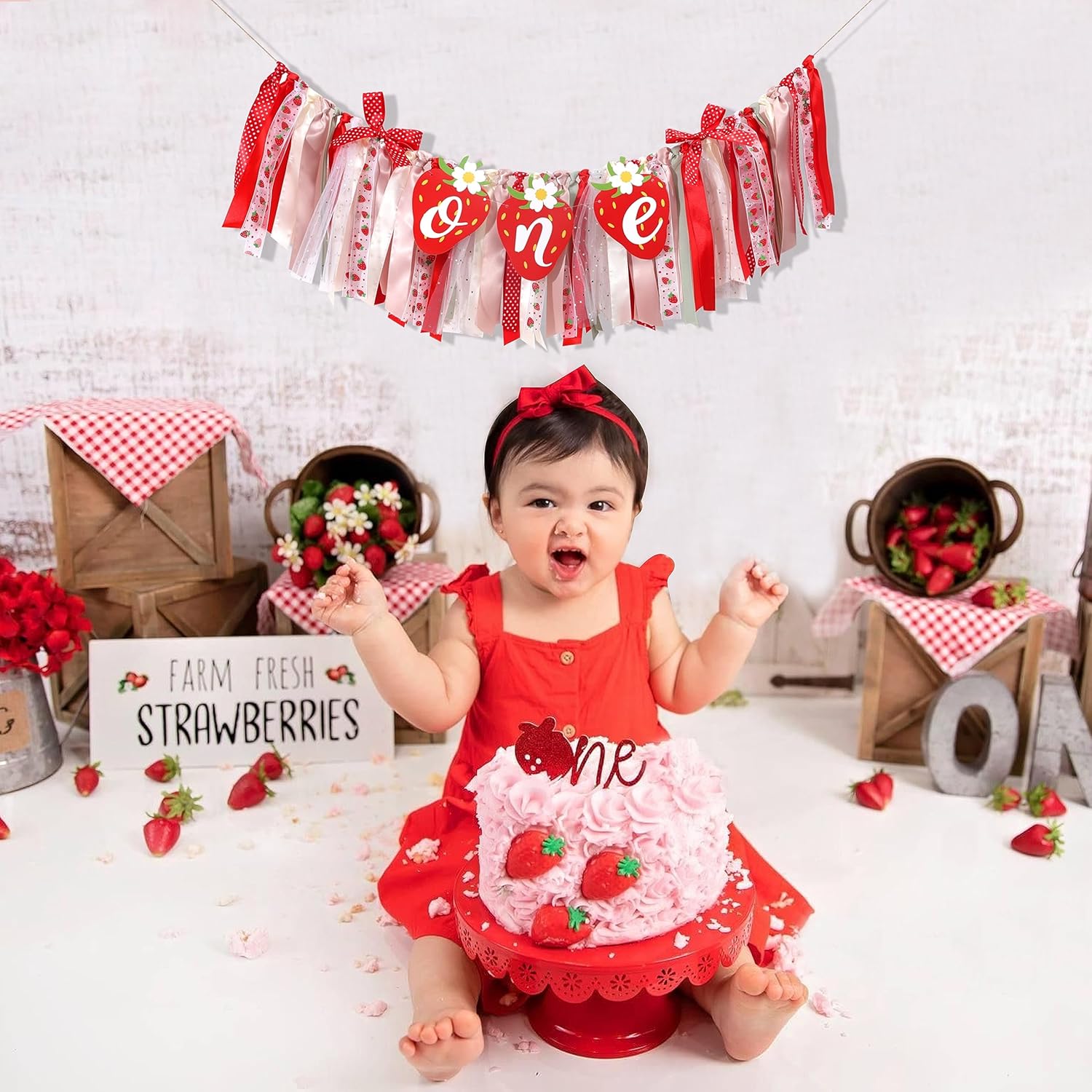 Cartel para silla alta de primer o primer cumpleaños de fresa, decoración de fiesta de primer cumpleaños de bayas, pancarta para silla alta Sweet