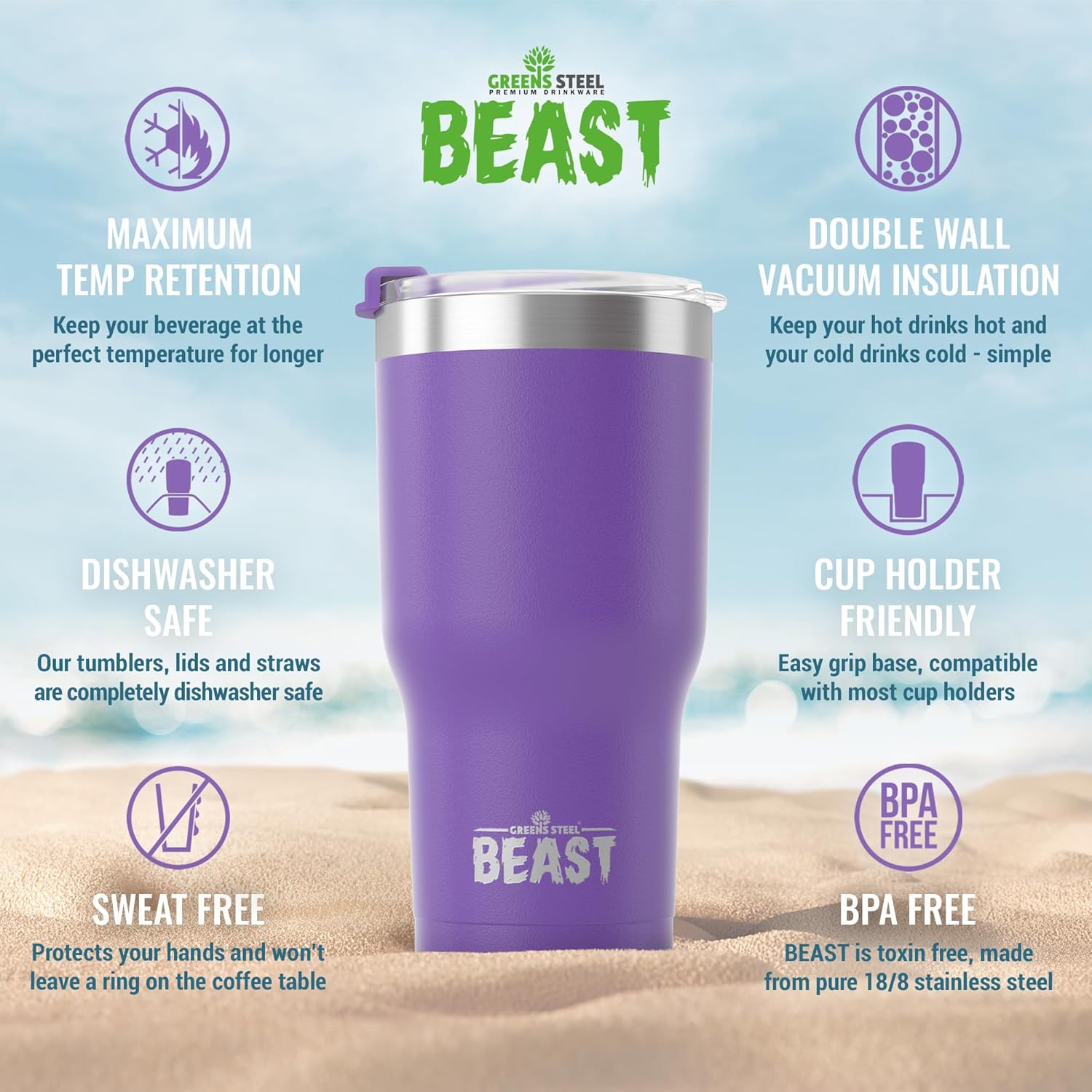 Greens Steel Beast – Vaso de acero inoxidable con aislamiento al vacío para café, taza de hielo, termo de viaje de doble pared, 20 onzas (morado)