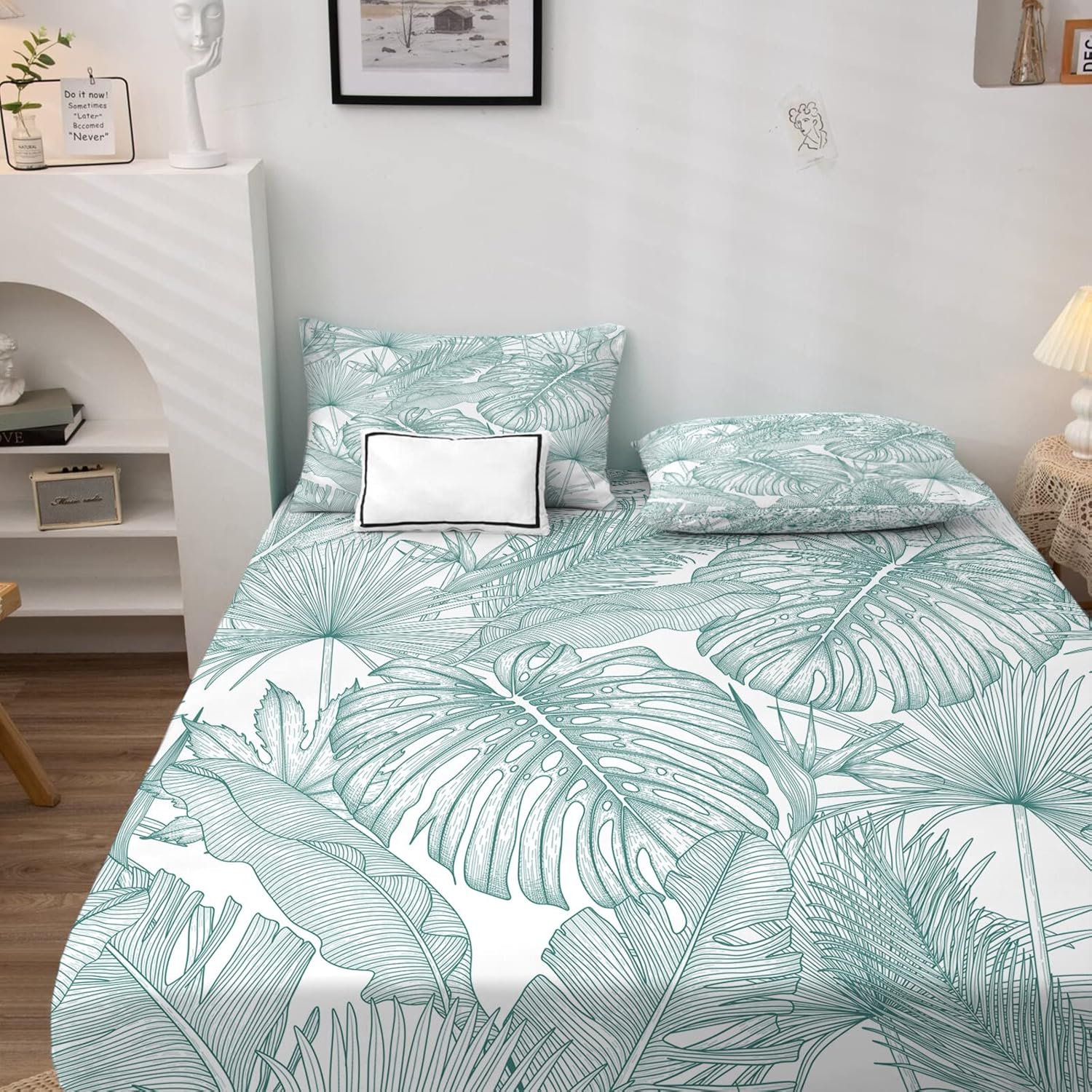 Juego de sábanas tamaño King con estampado de hojas tropicales para cama ajustable, sábanas y fundas de almohada con patrón de hojas de palma de