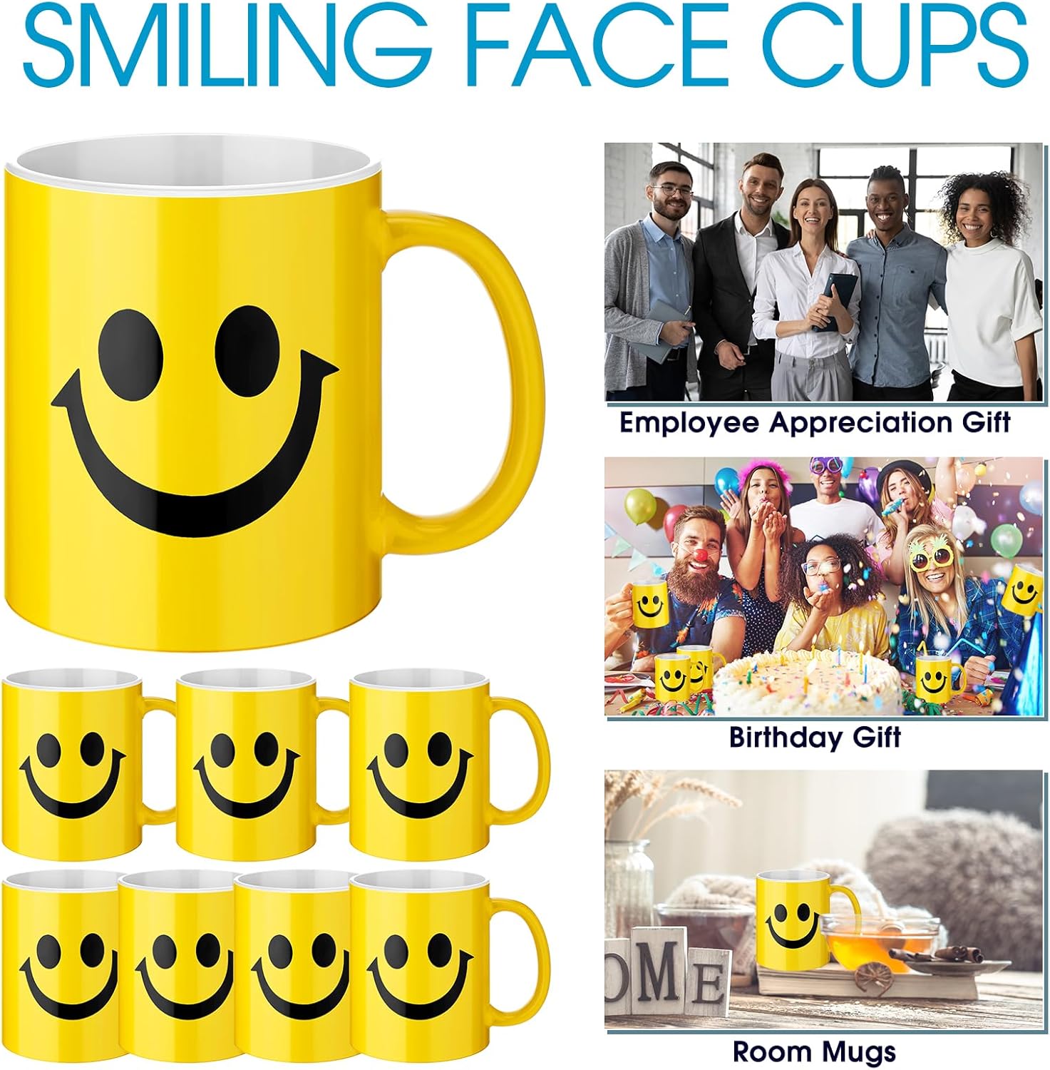 Hushee 8 tazas de café a granel, tazas de café de 11 onzas, taza de café amarilla de cara feliz, taza sonriente de cerámica, regalos de