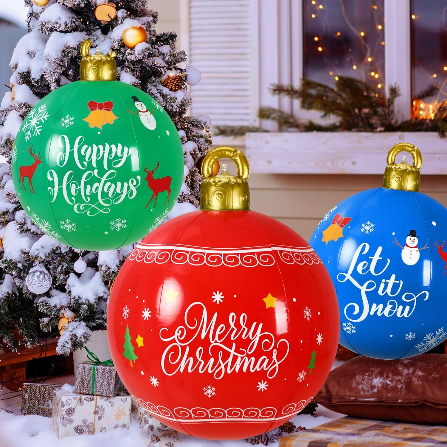 Jetec 3 bolas inflables de Navidad gigantes de PVC, adornos inflables de Feliz Navidad al aire libre, deja que la nieve explote, decoración de