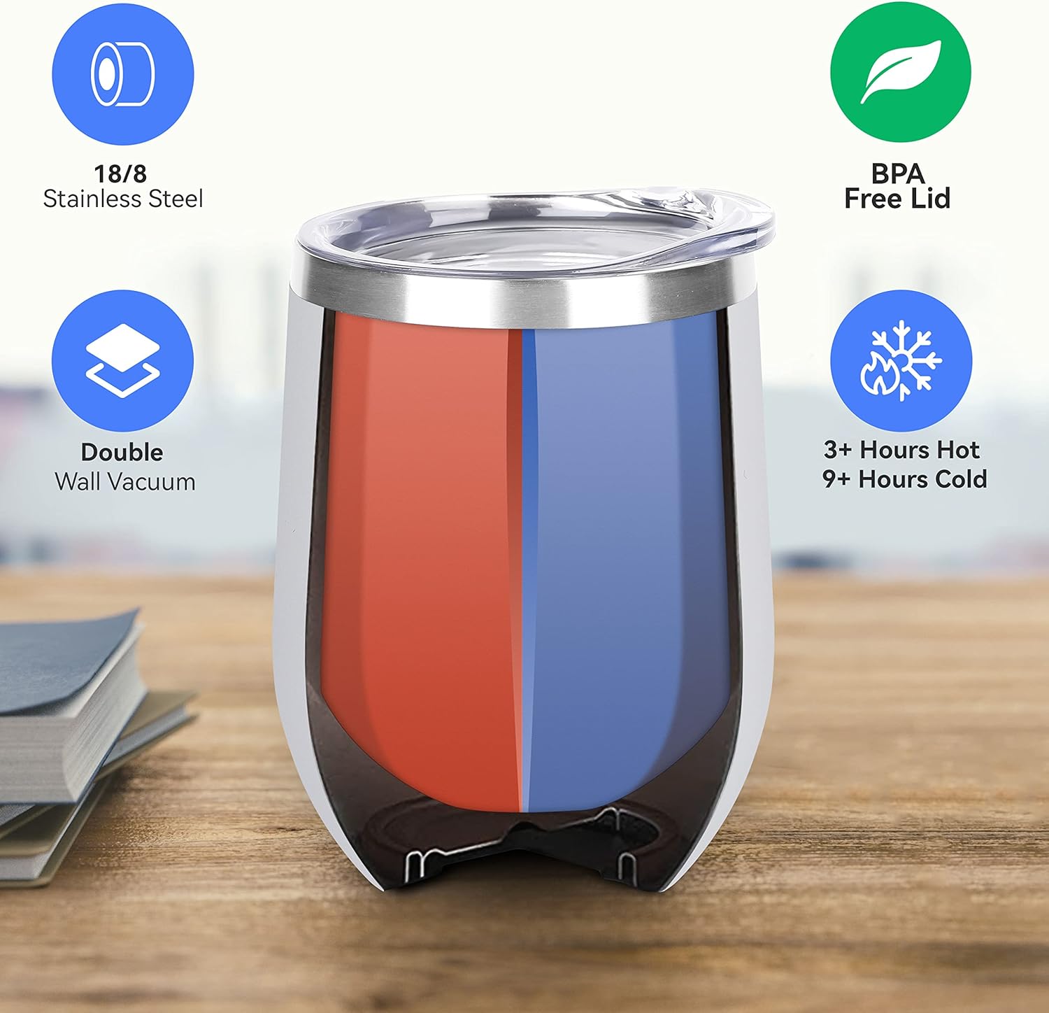 DOMICARE – Vaso de vino de 12onzas con tapa, hecho de acero inoxidable con aislamiento al vacío de doble pared, paquete de 1 unidad, color blanco