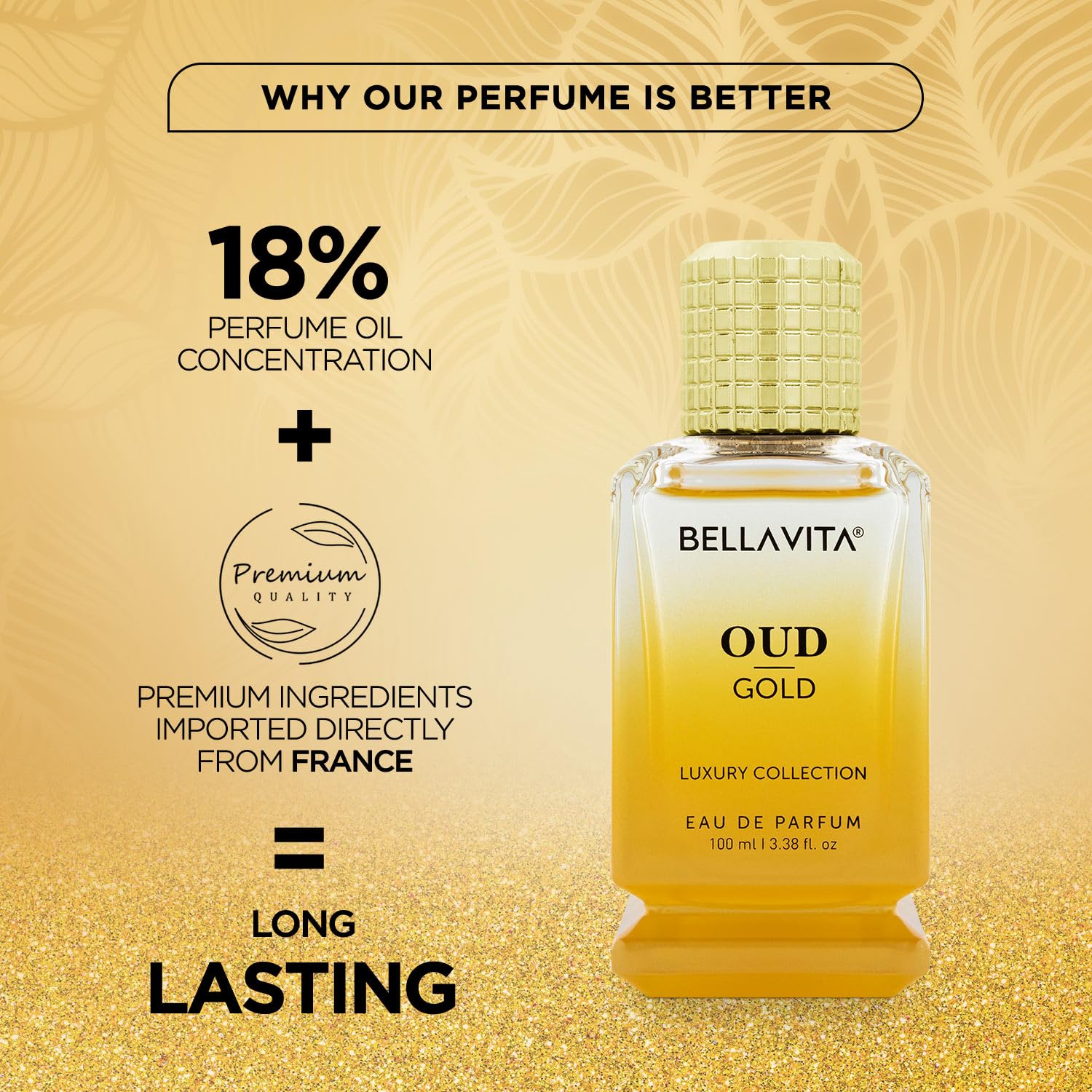 OUD GOLD Eau De Parfum (3.38 onzas líquidas)  Perfume árabe intenso para mujeres y hombres  Notas caramelo, orris, rosa, jazmín  Familia amaderado,