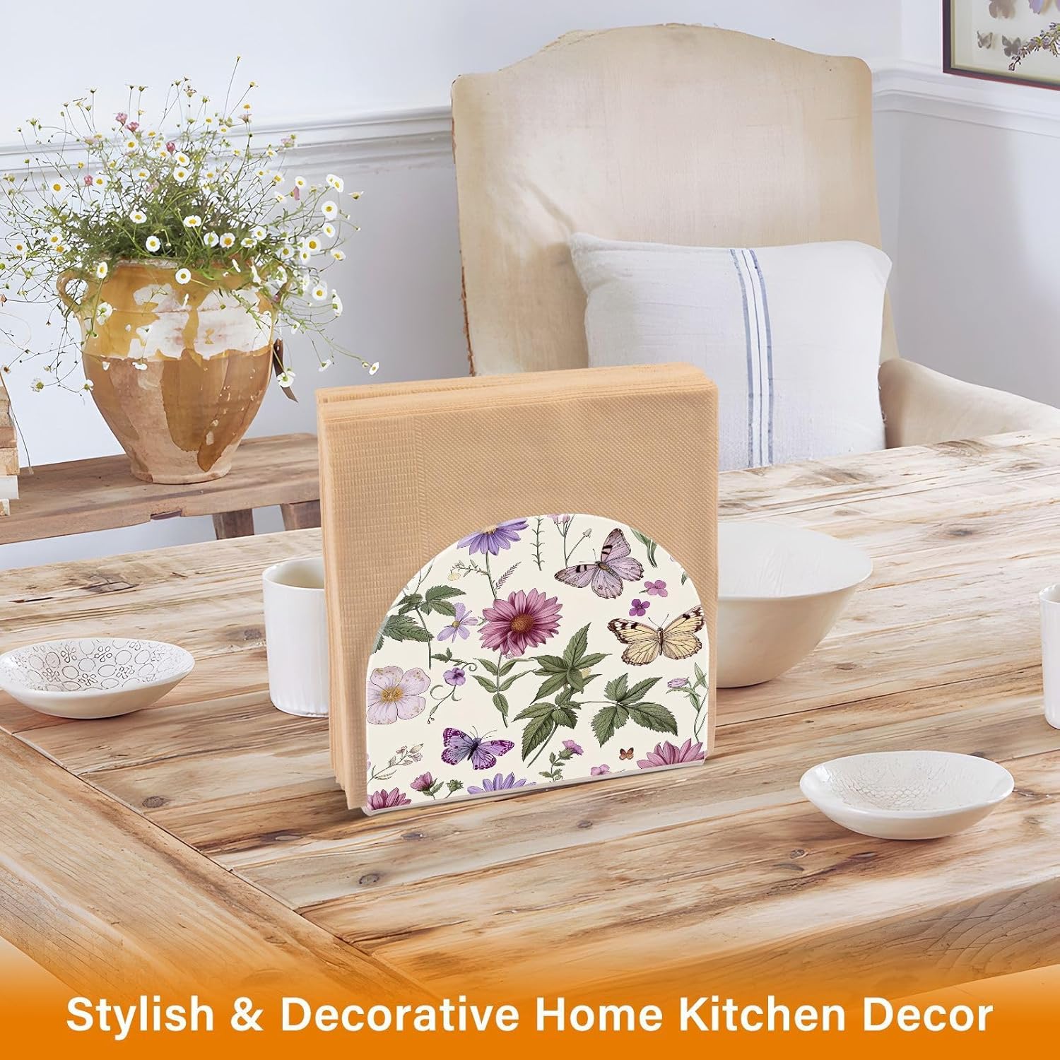 Flower Butterfly Napkin Holder for Paper Napkins, Acrylic Upright Holder for Table, Tissue Dispenser for Farmhouse Kitchen Home Decor