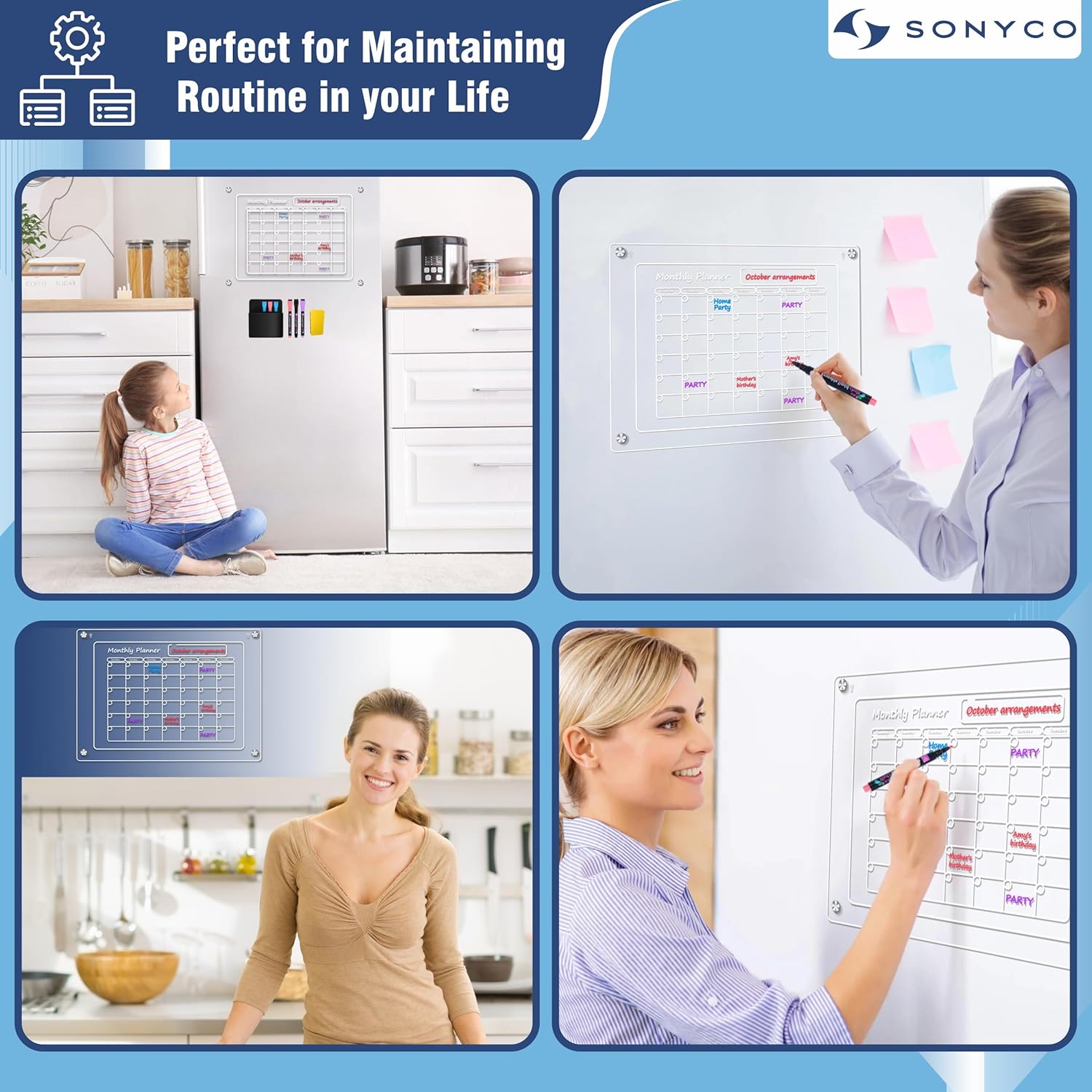 Paquete de 2 calendarios magnéticos para refrigerador, con impresión UV, calendario acrílico mensual y semanal de 16 x 12 pulgadas para refrigerador