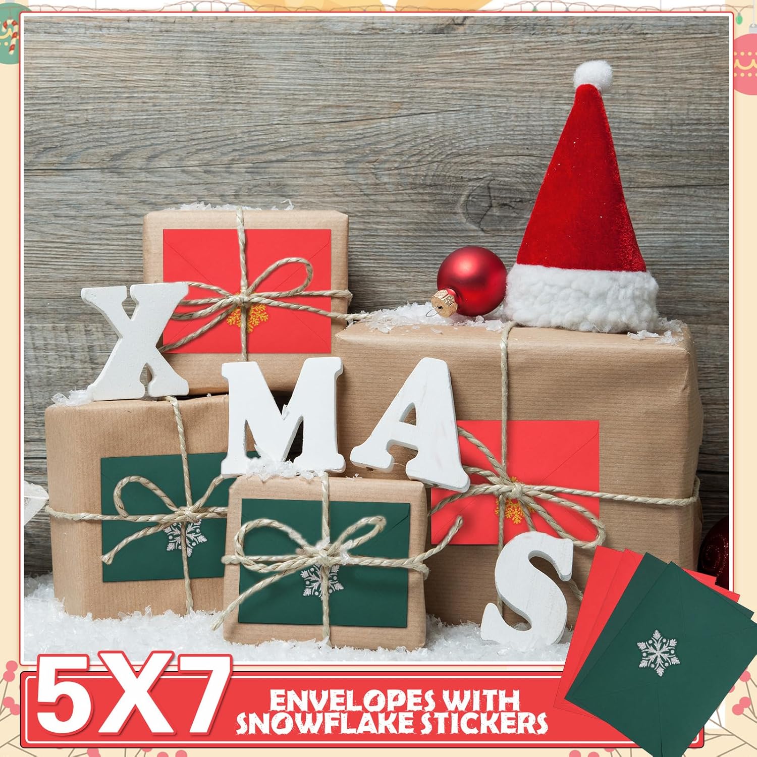 200 sobres de Navidad A7 con 7 hojas, 210 calcomanías de copo de nieve con purpurina de 5 x 7 sobres para tarjetas de regalo, sobres con solapa en V
