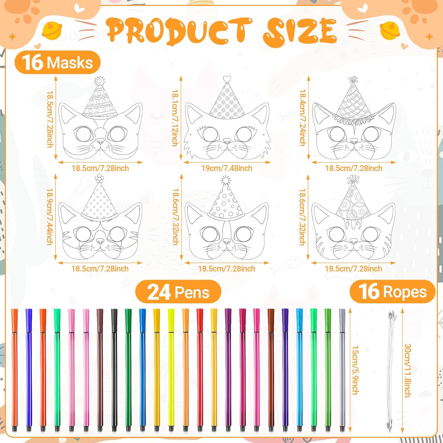 Juego de 16 máscaras de animales DIY, máscara para colorear de gato, máscara de fiesta de gato con 24 piezas de bolígrafo de acuarela, máscara en