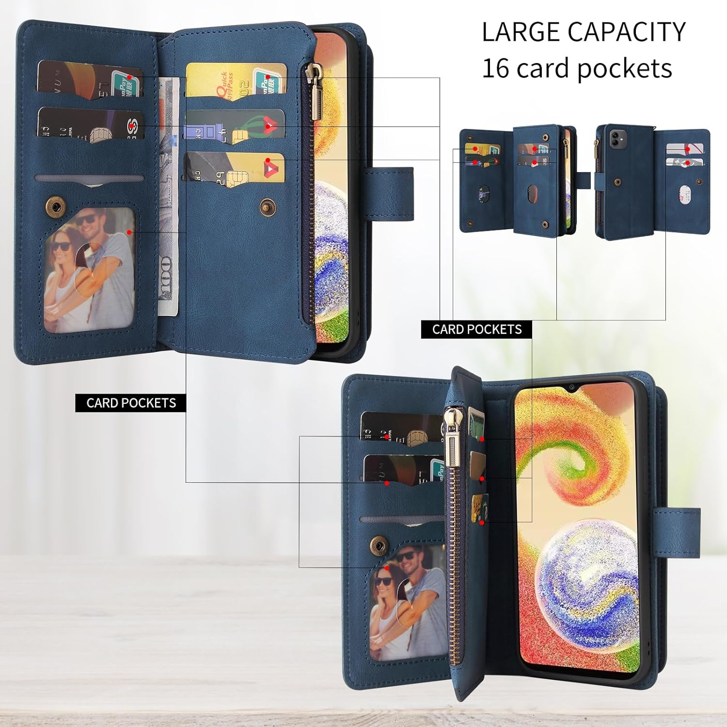 Asuwish Funda de teléfono para Samsung Galaxy A04e Funda tipo cartera con protector de pantalla de vidrio templado y correa para la muñeca de cuero