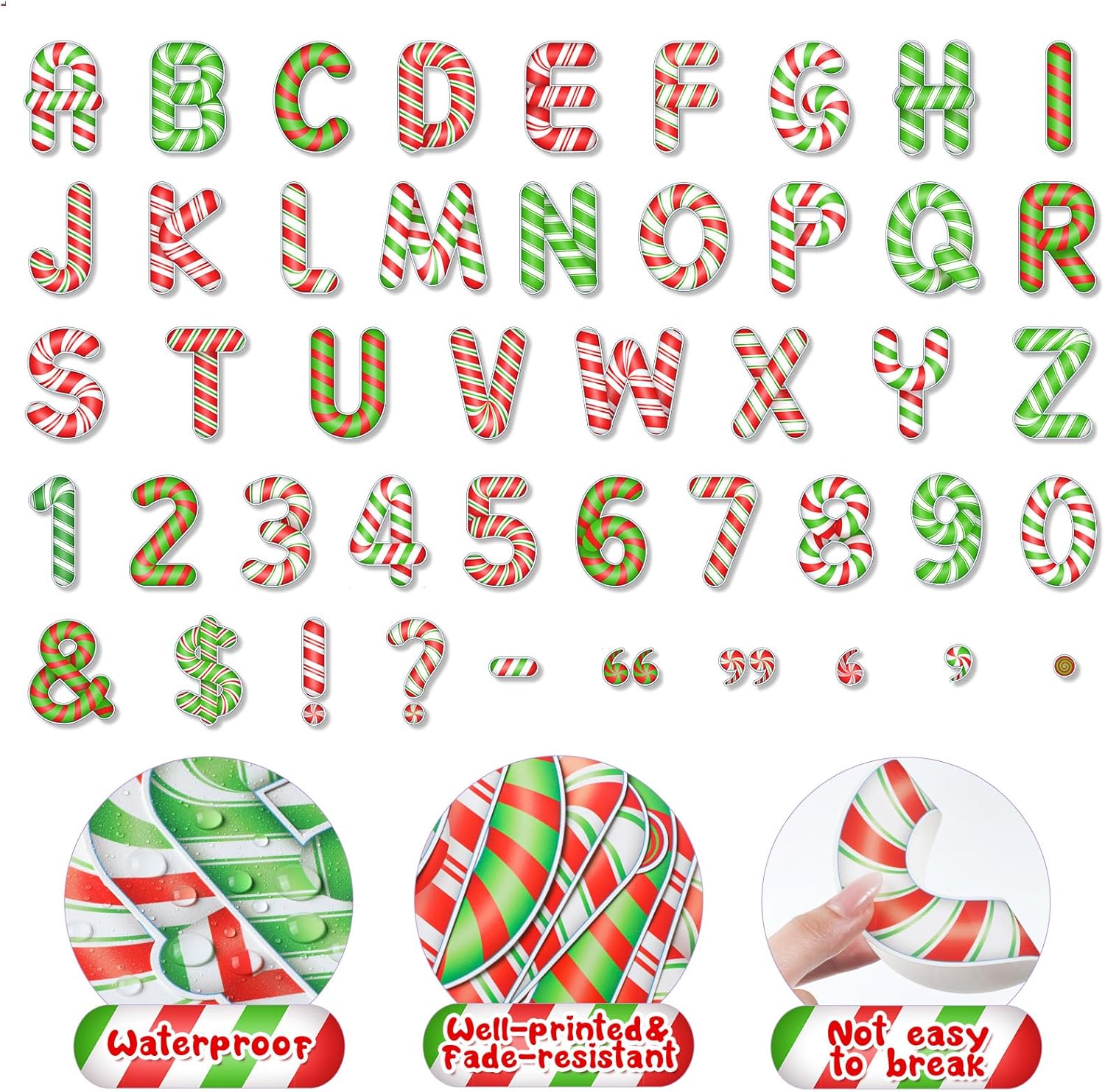 176 letras de bastón de caramelo, letras de tablón de anuncios de Navidad, cartón de 4.3 pulgadas, letras del alfabeto, números, símbolos para el