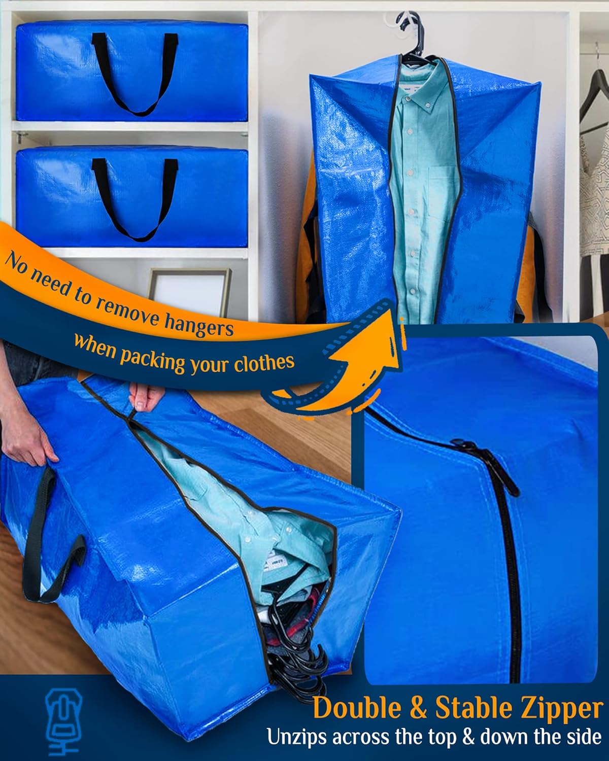 Raydior Heavy Duty Moving bags Storage Totes 4PCS Extra Large Blue Packing Bags Backpack Straps Strong Handles & Zippers College Moving, Laundry