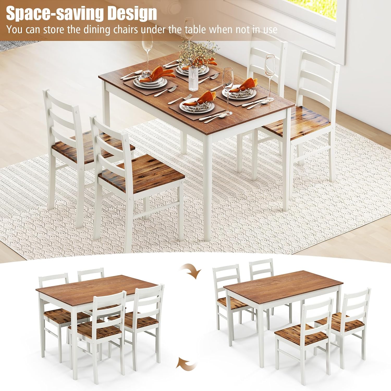Tangkula Juego de mesa de comedor para 4, madera maciza, juego de comedor de granja con patas de madera de goma, juego de mesa de comedor y sillas