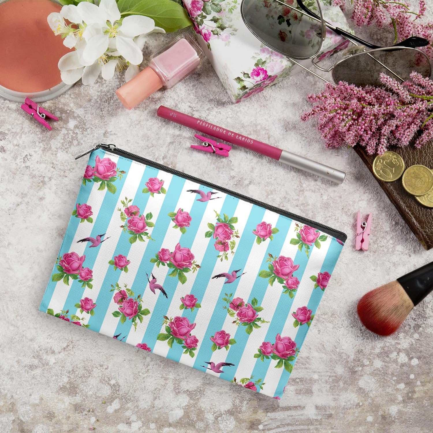 Dacawin Bolsa de cosméticos de flores de girasol para mujer, bolsas de maquillaje de flores amarillas, bolsa de aseo a cuadros blancos y negros,