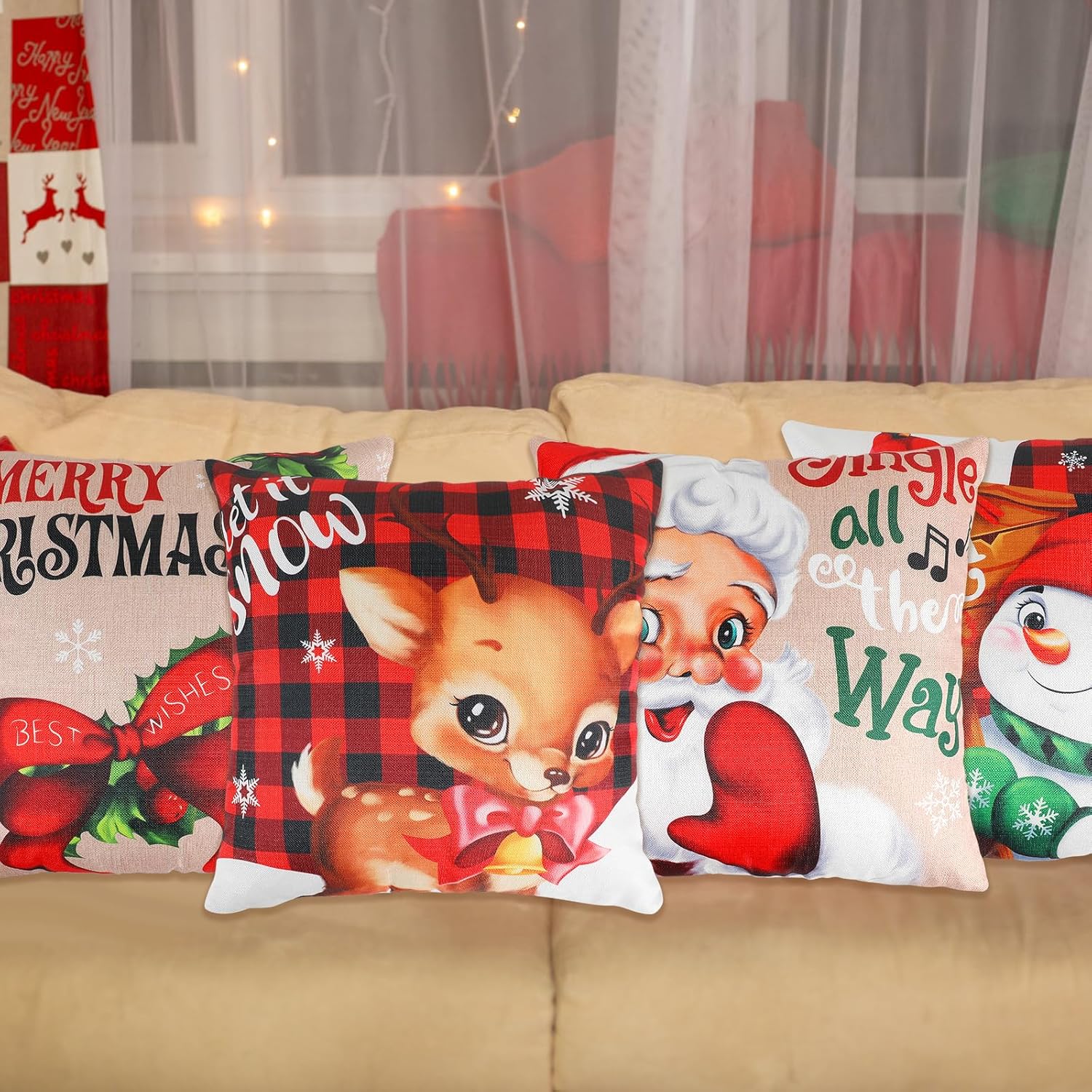 LOMIMOS 4 fundas de almohada de Navidad, 17 x 17 pulgadas, muñeco de nieve, Papá Noel, Else, decoración para el hogar, sofá, dormitorio, balcón