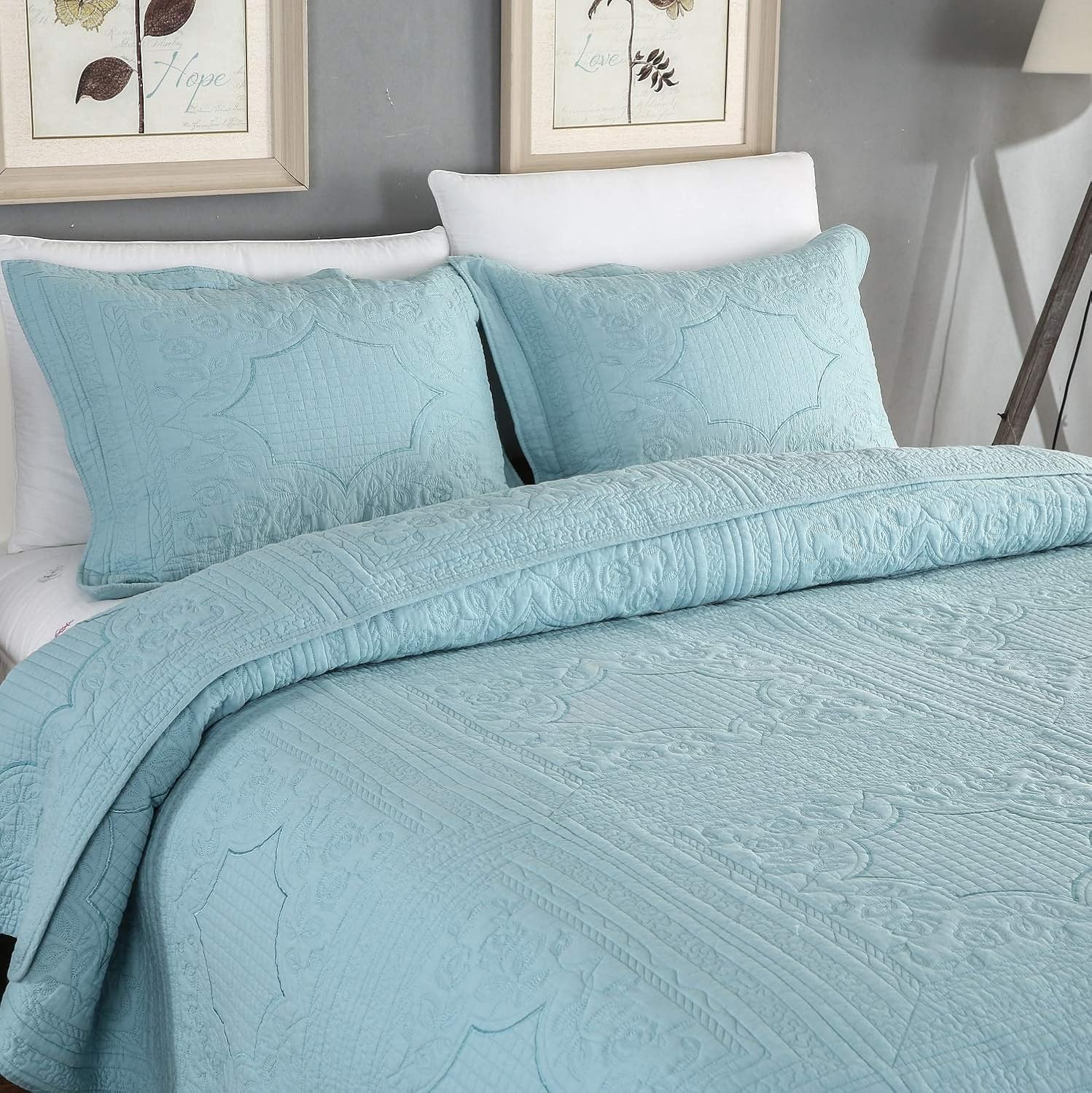 Brandream Juego de ropa de cama de lujo de granja 100% algodón, tamaño Queen, King, vintage, elegante, juego de colcha acolchada azul aguamarina (98
