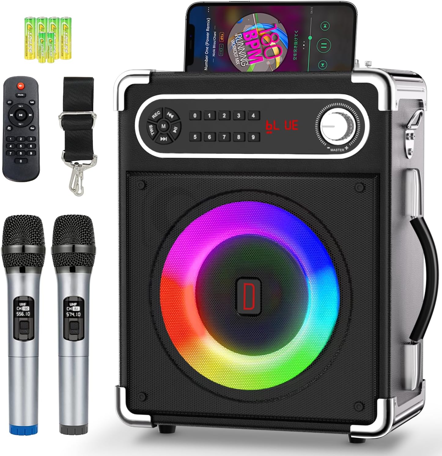 Máquina de karaoke con 2 micrófonos inalámbricos, altavoz portátil Bluetooth 5.1 para adultos y niños, ajuste de gravesagudos, sistema PA con