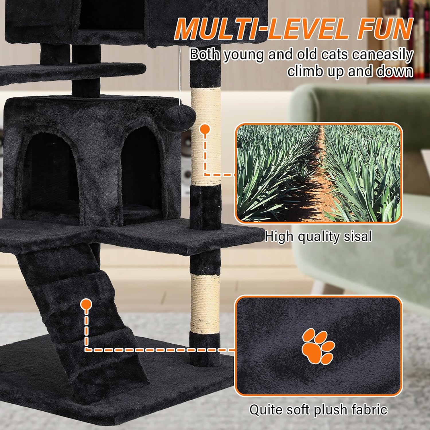 247 Shop at Home Court – Torre de árbol para gatos de interior de 54 pulgadas, varios niveles con postes rascadores para gatos, casa de pie para