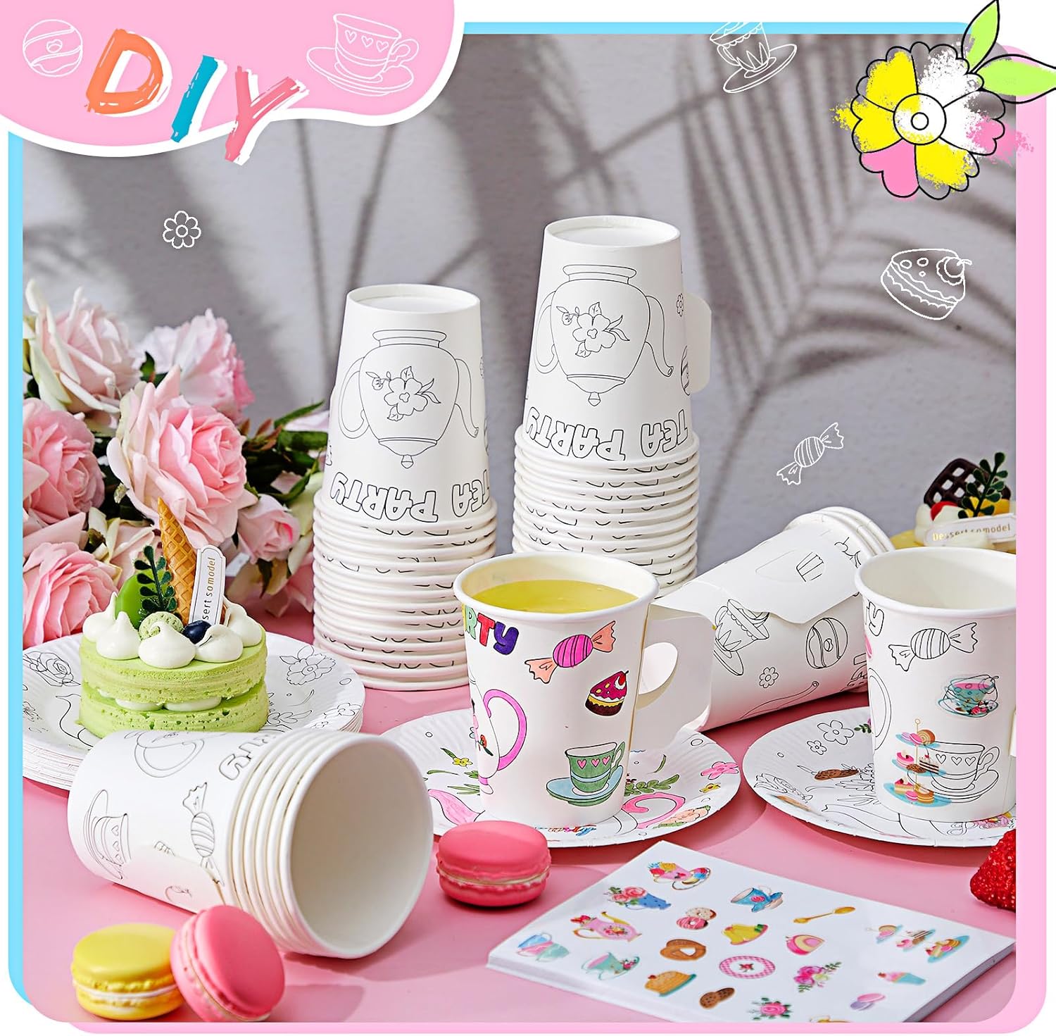 Tazas de té de papel con asa, tazas desechables para colorear para niños, tazas de té y platos de papel floral, calcomanías para fiestas de té,