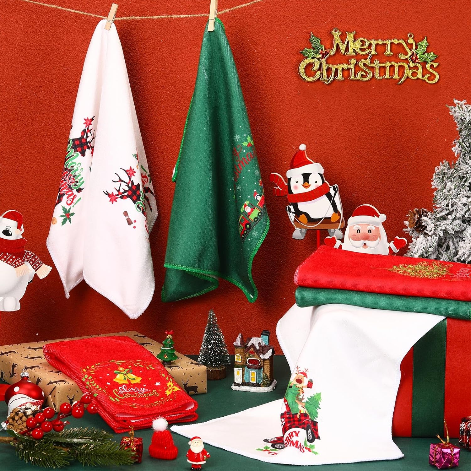 Macarrie 12 toallas de mano navideñas de Navidad, Papá Noel, reno, muñeco de nieve, árbol, a cuadros, bordadas, toallas de algodón absorbentes, 13 x