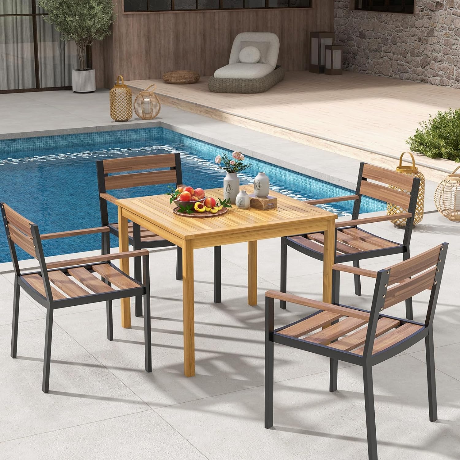 Tangkula Mesa de comedor cuadrada para exteriores, mesa de comedor de madera de acacia para 4 personas con agujero para sombrilla de 1.9 pulgadas,