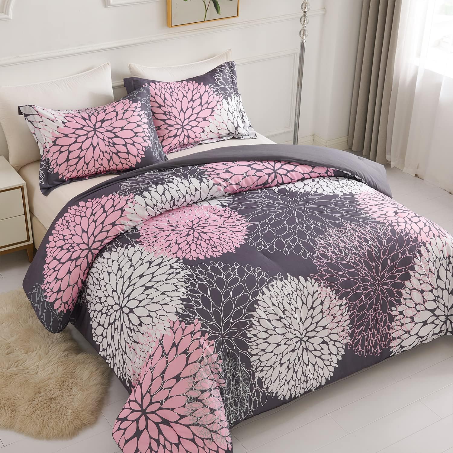 Koniroom Juego de edredón de 3 piezas, color rosa y gris, tamaño Queen, juegos de ropa de cama floral con estampado de flores rosas para mujeres,