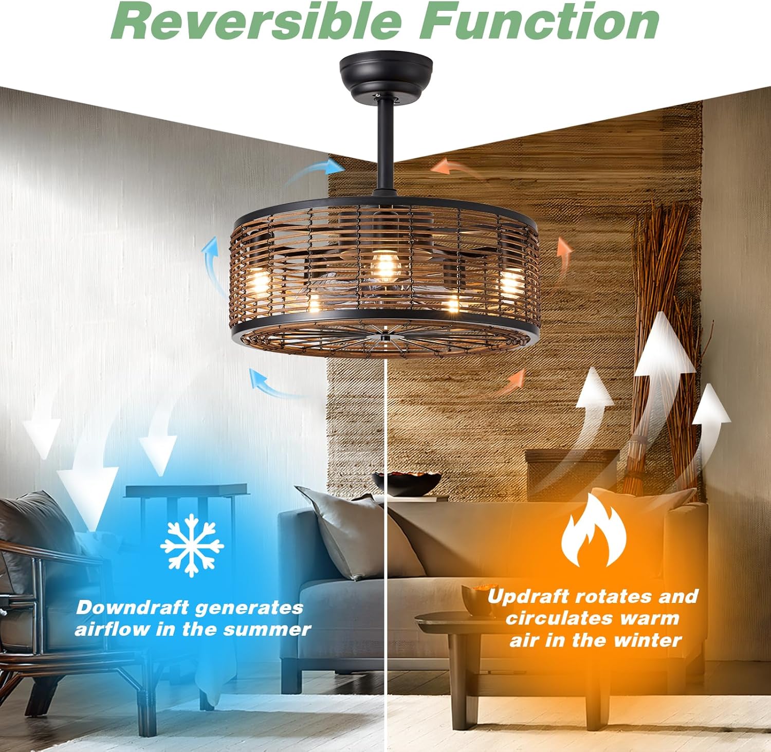 HOMKEA Ventilador de techo bohemio de ratán con control remoto de luz, montaje empotrado, ventiladores de techo enjaulados de granja de 20 pulgadas