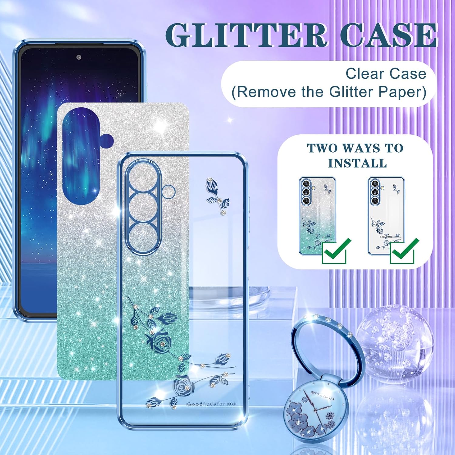 Coralogo Funda para teléfono Samsung Galaxy A54 5G 3 en 1 con purpurina brillante para mujeres y niñas, funda brillante con bonito diseño floral de