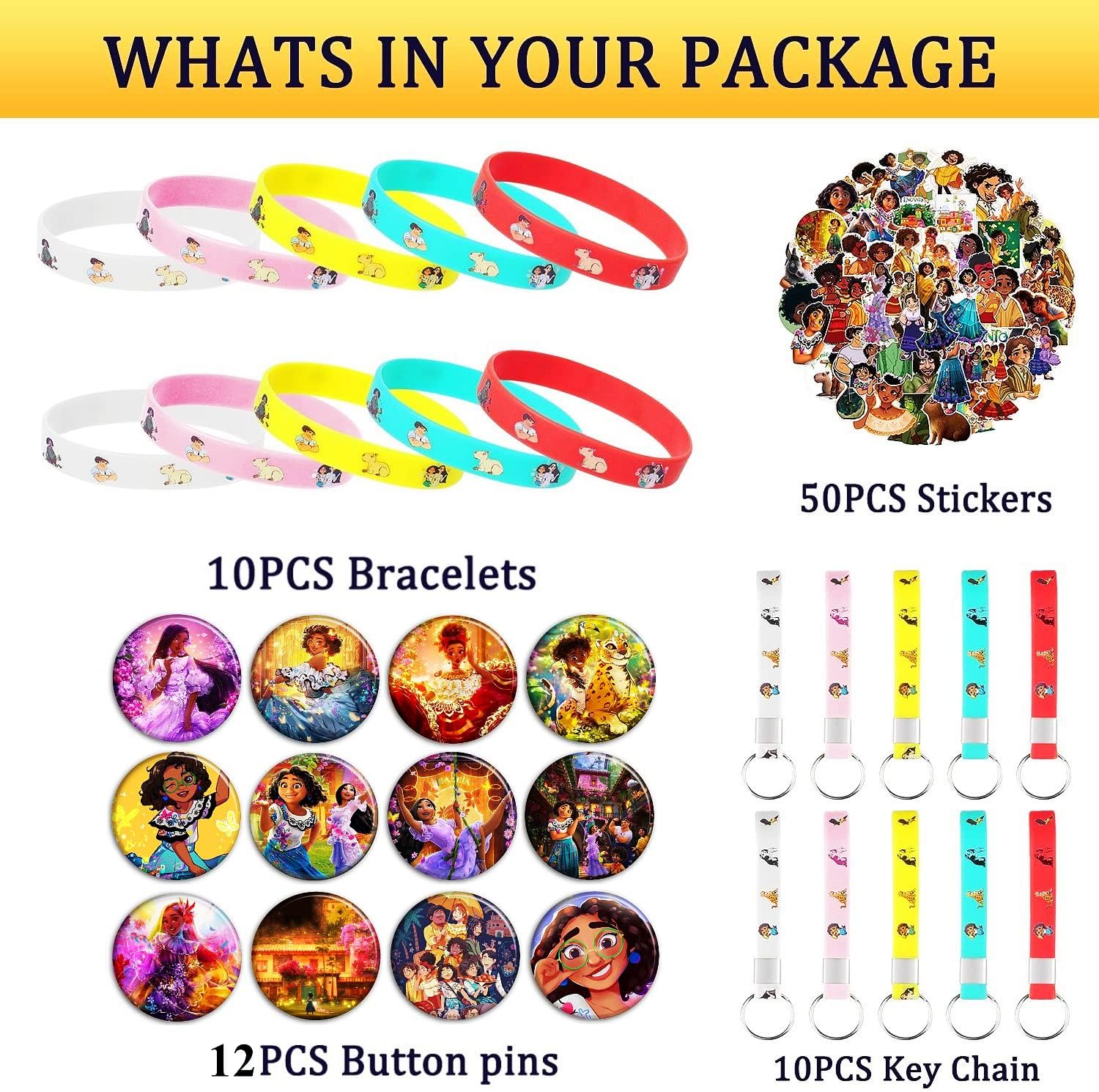 Stydecor Encant – Juego de recuerdos de fiesta de cumpleaños, 80 unidades suministros de fiesta encantadores, incluye 50 calcomanías, 10 pulseras,
