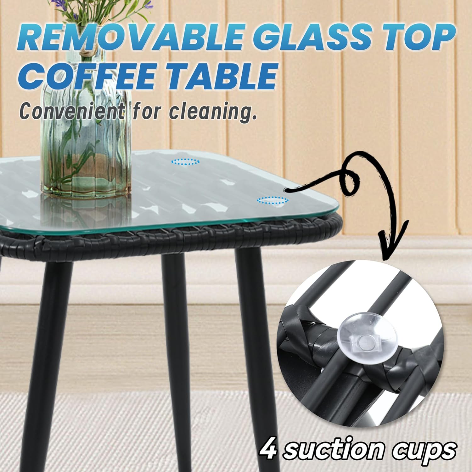 KROFEM Juego de sillas y mesa de mimbre para exteriores, 5 piezas con otomana para porche, balcón, terraza, patio, patio trasero, color negro