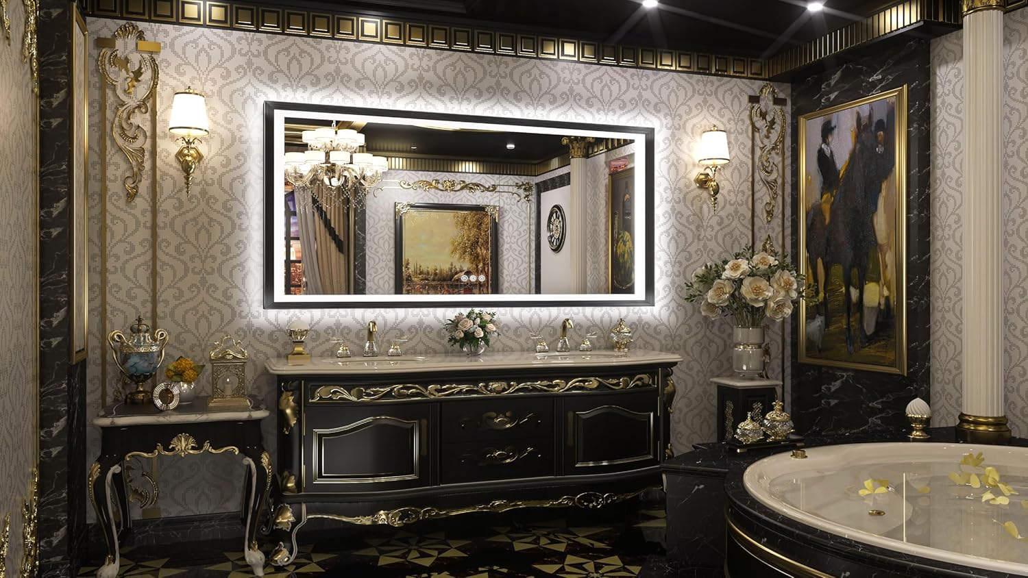 TETOTE Espejo LED de 72 x 36 pulgadas para baño, marco de metal negro frontal y retroiluminado, espejo de tocador barroco, gótico, antivaho sin