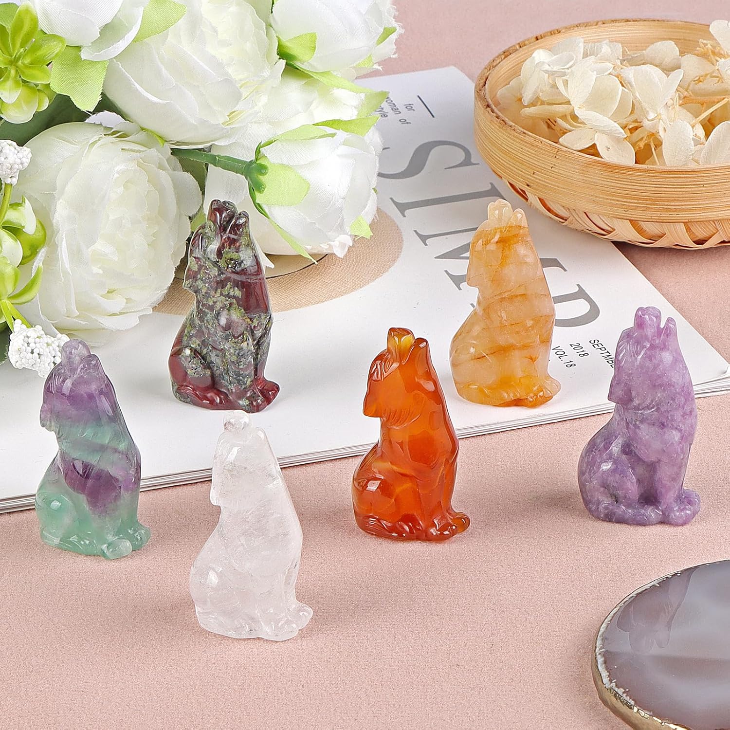 Artistone Estatua de lobo con cabeza de ágata roja de 2 pulgadas, adorno decorativo para el hogar, adorno de cristal curativo, escultura de animales