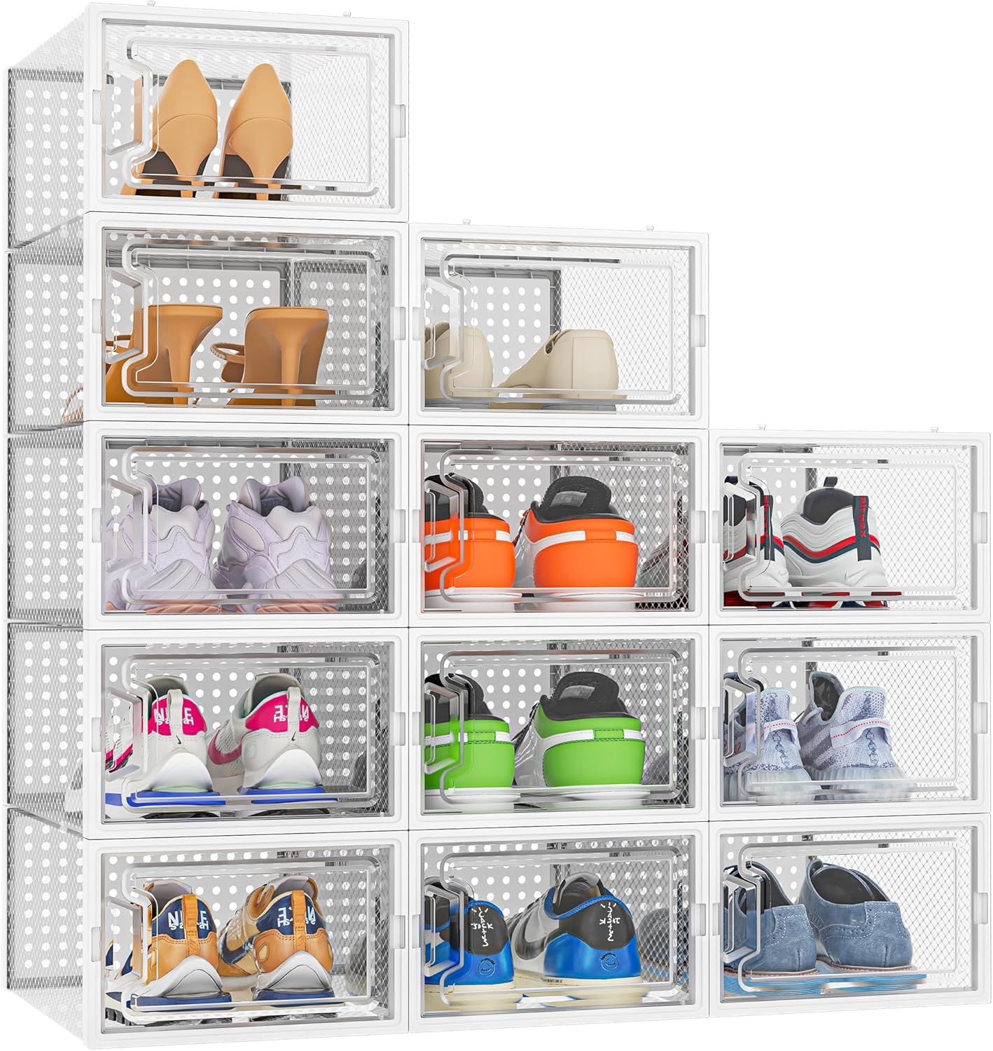 HOMIDEC Paquete de 12 cajas de almacenamiento de zapatos, organizador de zapatos para armario, caja de zapatos apilable de plástico transparente,