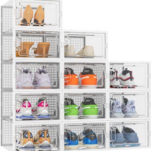 HOMIDEC Paquete de 12 cajas de almacenamiento de zapatos, organizador de zapatos para armario, caja de zapatos apilable de plástico transparente, HOMIDEC Paquete de 12 cajas de almacenamiento de zapatos, organizador de zapatos para armario, caja de zapatos apilable de plástico transparente,
