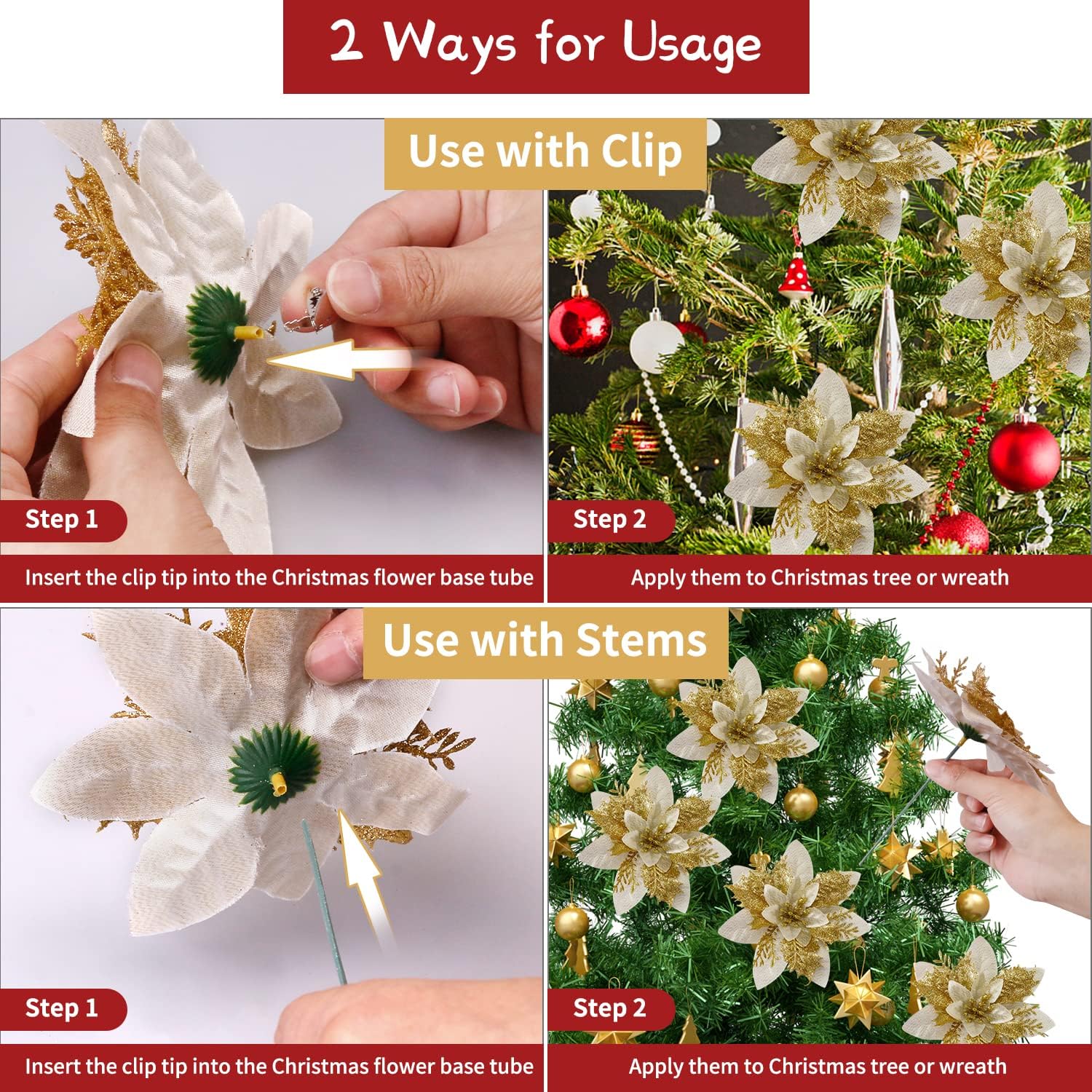 10 Pcs 13cm5.2in Poinsettia Artifical Flowers with Clips and Stems, Glitter Christmas Tree Ornaments Supplies for Xmas Wedding Party Happy New Year