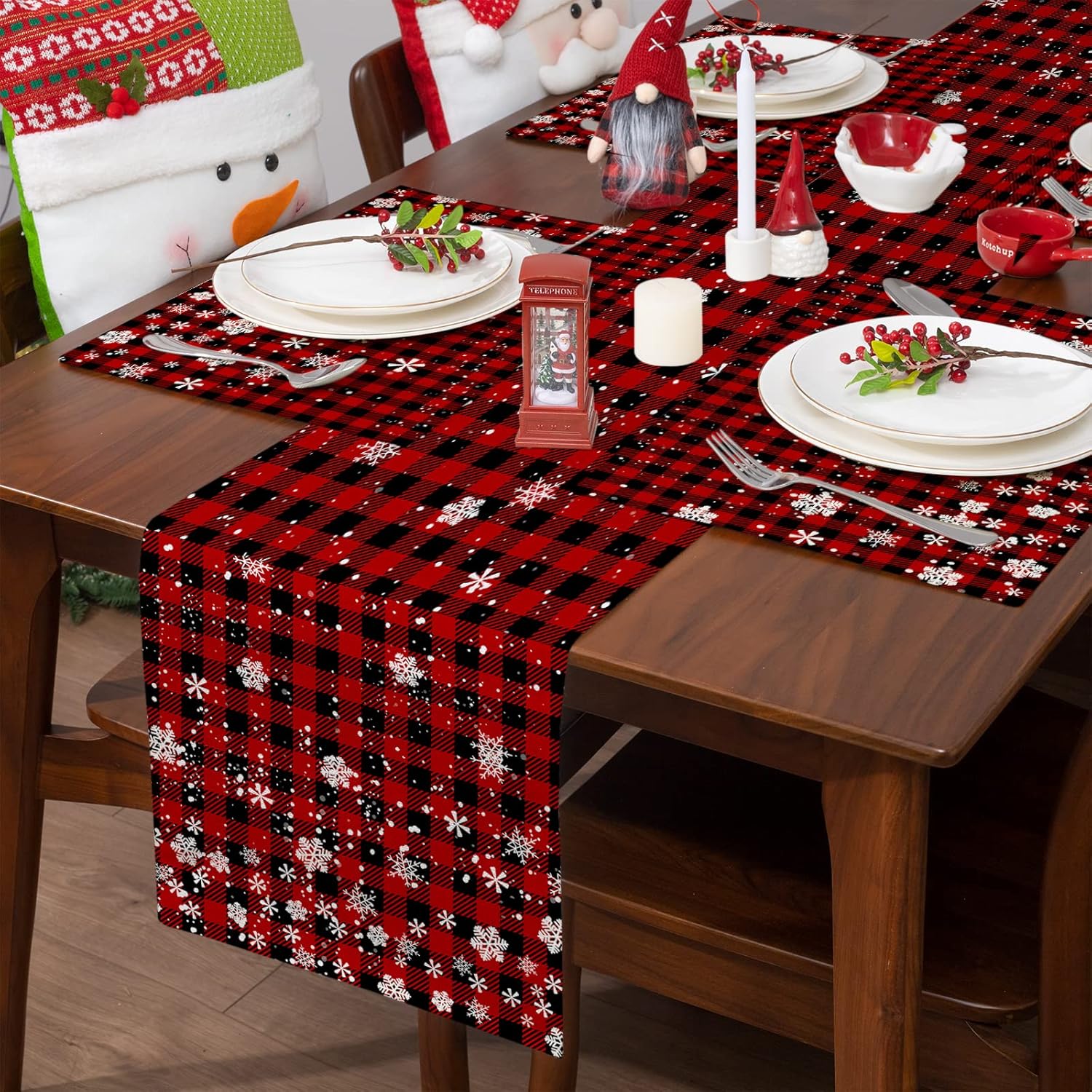 Camino de mesa de Navidad de búfalo rojo a cuadros de copo de nieve de 90 pulgadas de largo, decoración de mesa de comedor de cocina de invierno