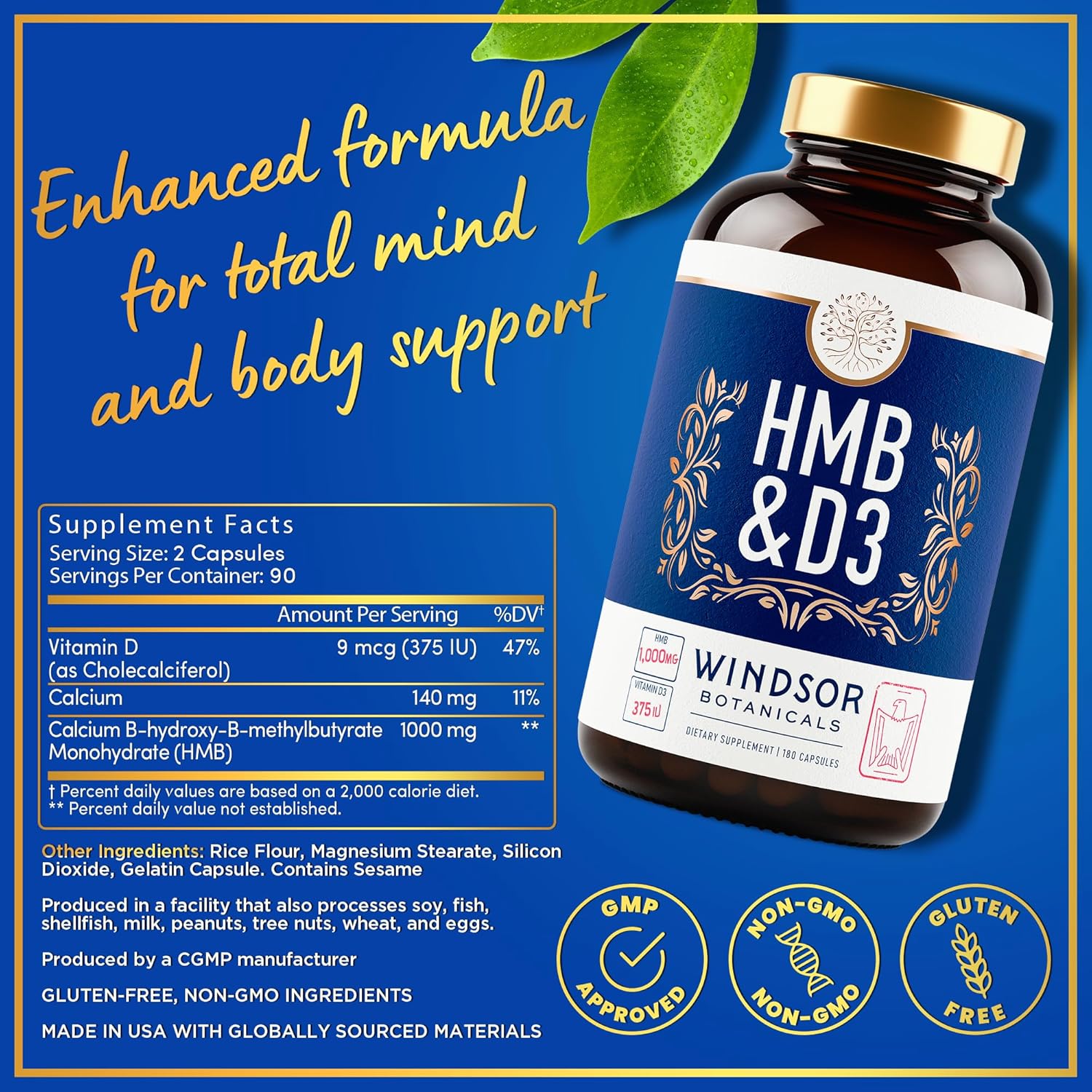 Suplemento de HMB y vitamina D3  Crecimiento muscular, fuerza, rendimiento y recuperación  B-hidroxi B-metilbutirato, calcio D3 Plus, suplementos de