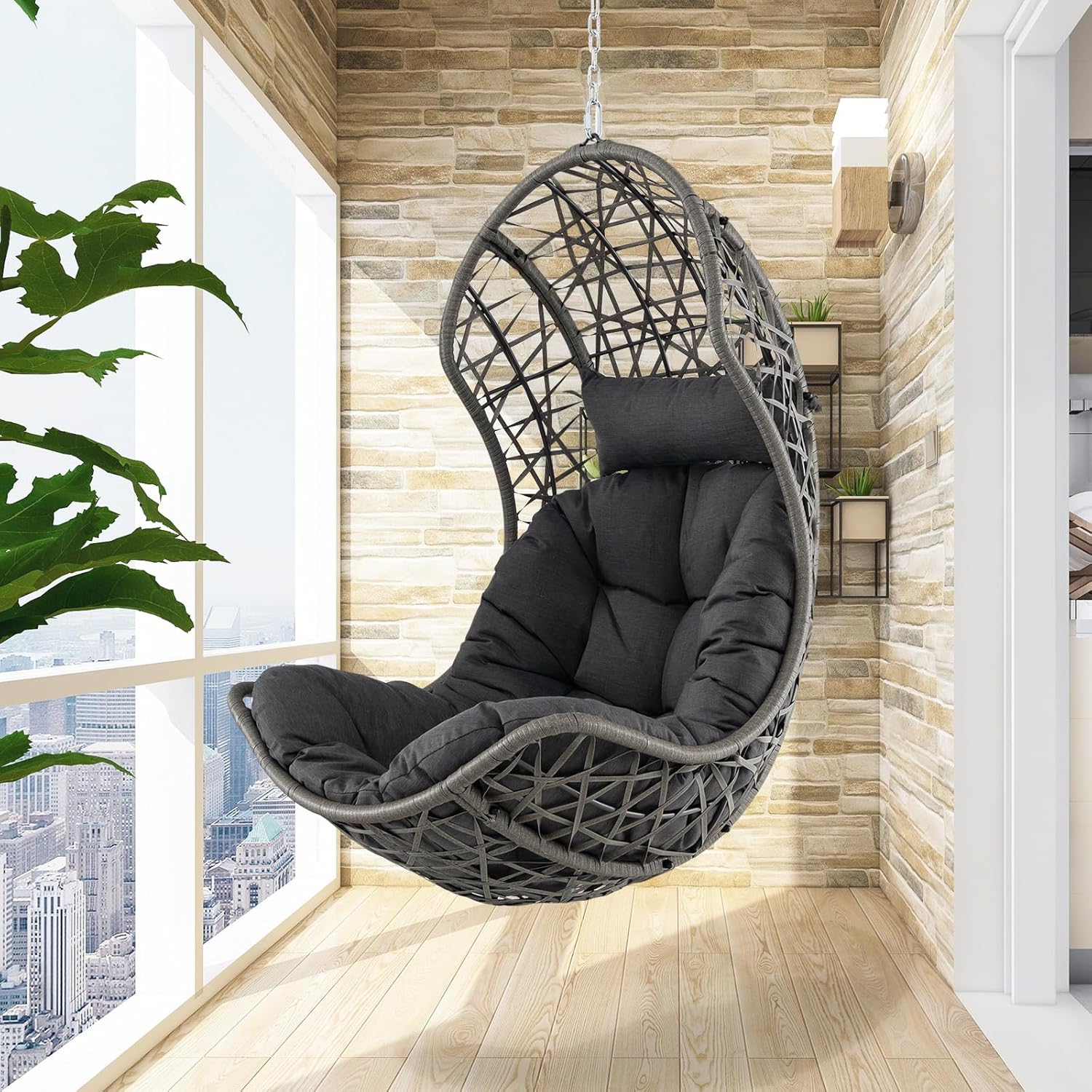 Giantex Swing Egg Chair Outdoor – PE Rattan Hammock Chair with Soft Pillow, Cushion, Metal Frame, Hanging Accessories, Indoor Basket Chair for