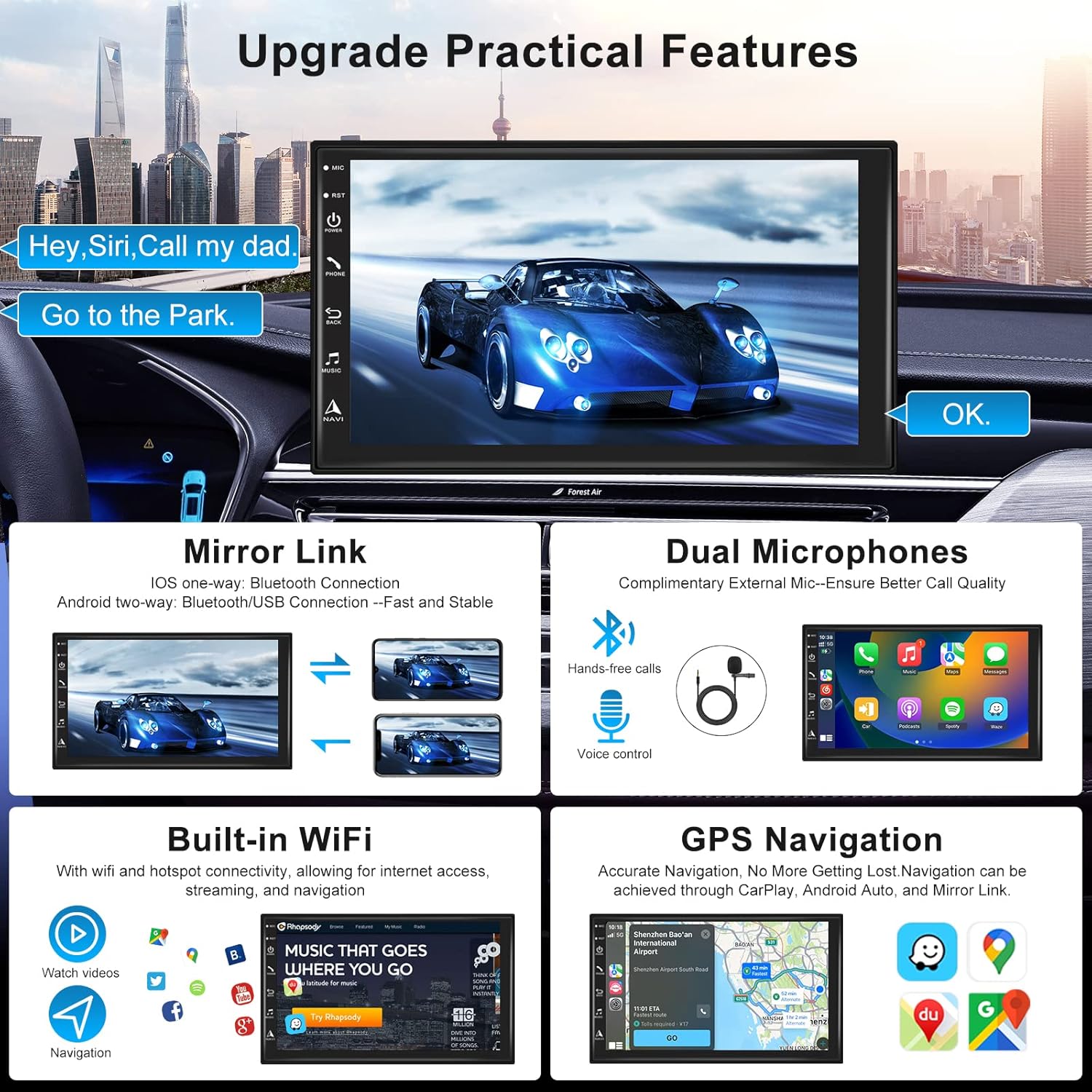 Podofo 8-core 4+64G Android coche estéreo doble DIN Radio con Carplay inalámbricoAndroid Auto 7 pulgadas IPS pantalla táctil Headunit Soporte Espejo