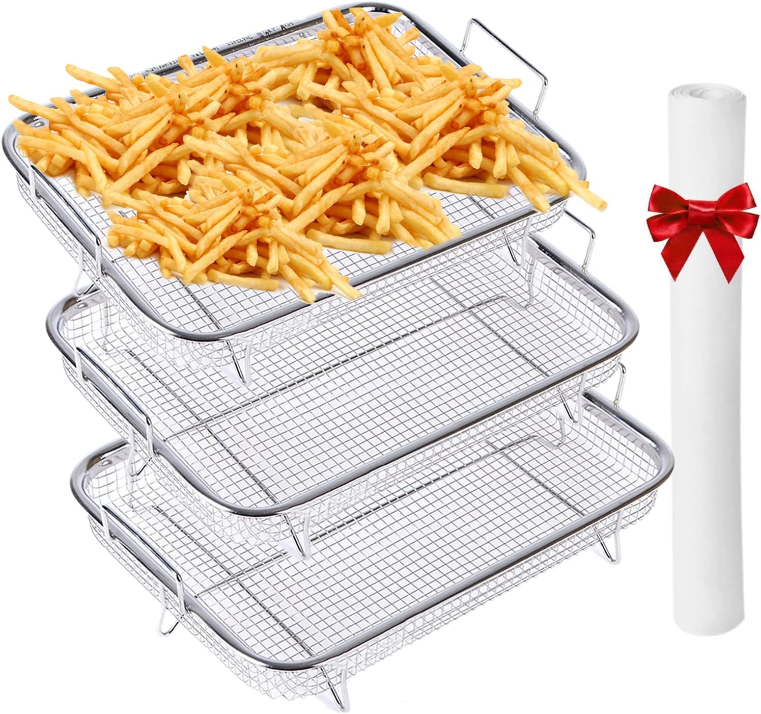 3 cestas para freidora de aire para horno de 11.8 x 8.6 x 2.16 pulgadas, cesta de parrilla de acero inoxidable, juego de cesta de malla
