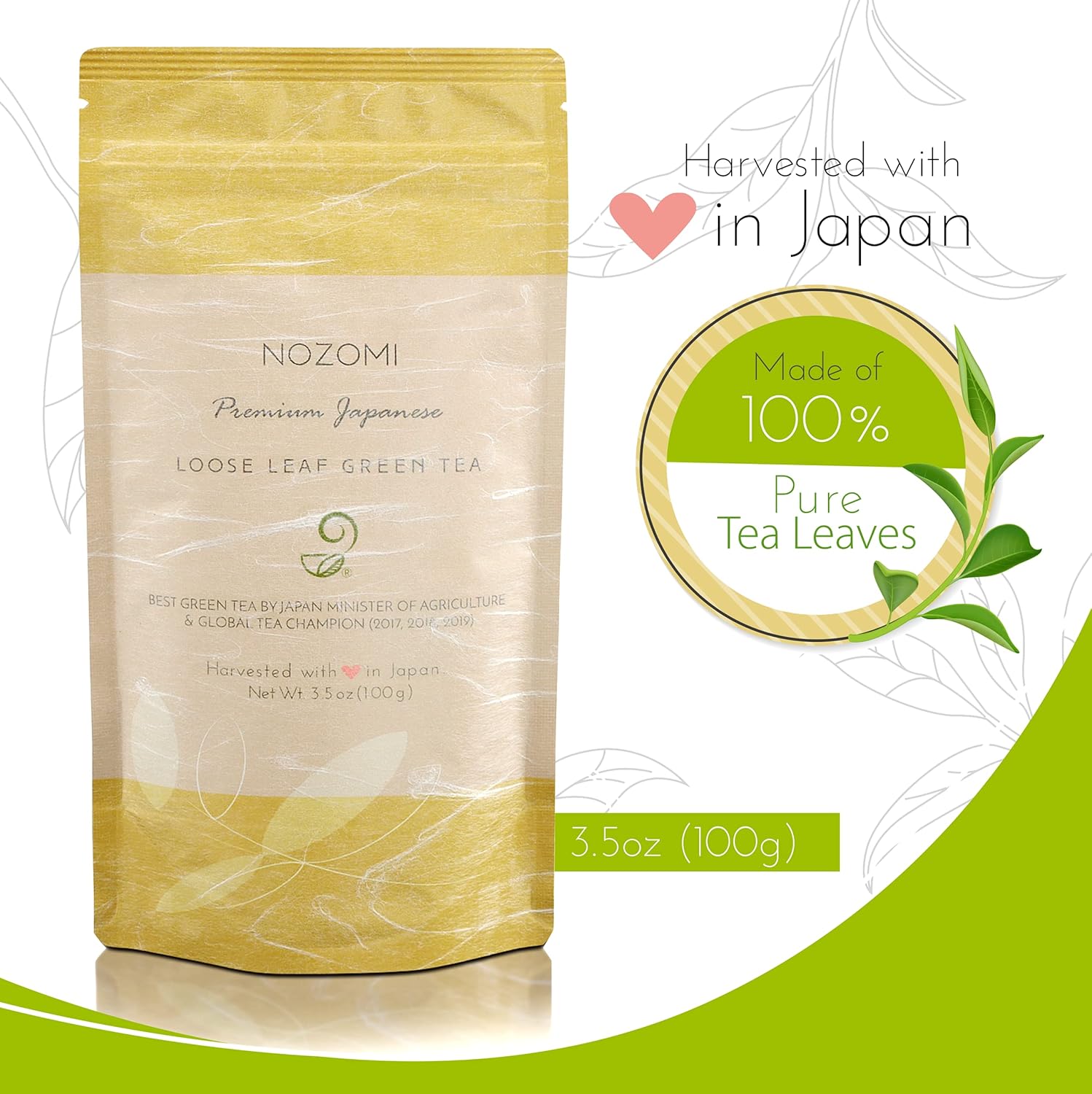 Nozomi Té verde japonés de hojas sueltas (3.5 onzas)  Vegano de origen único rico en antioxidantes Kabuse Sencha Té verde orgánico
