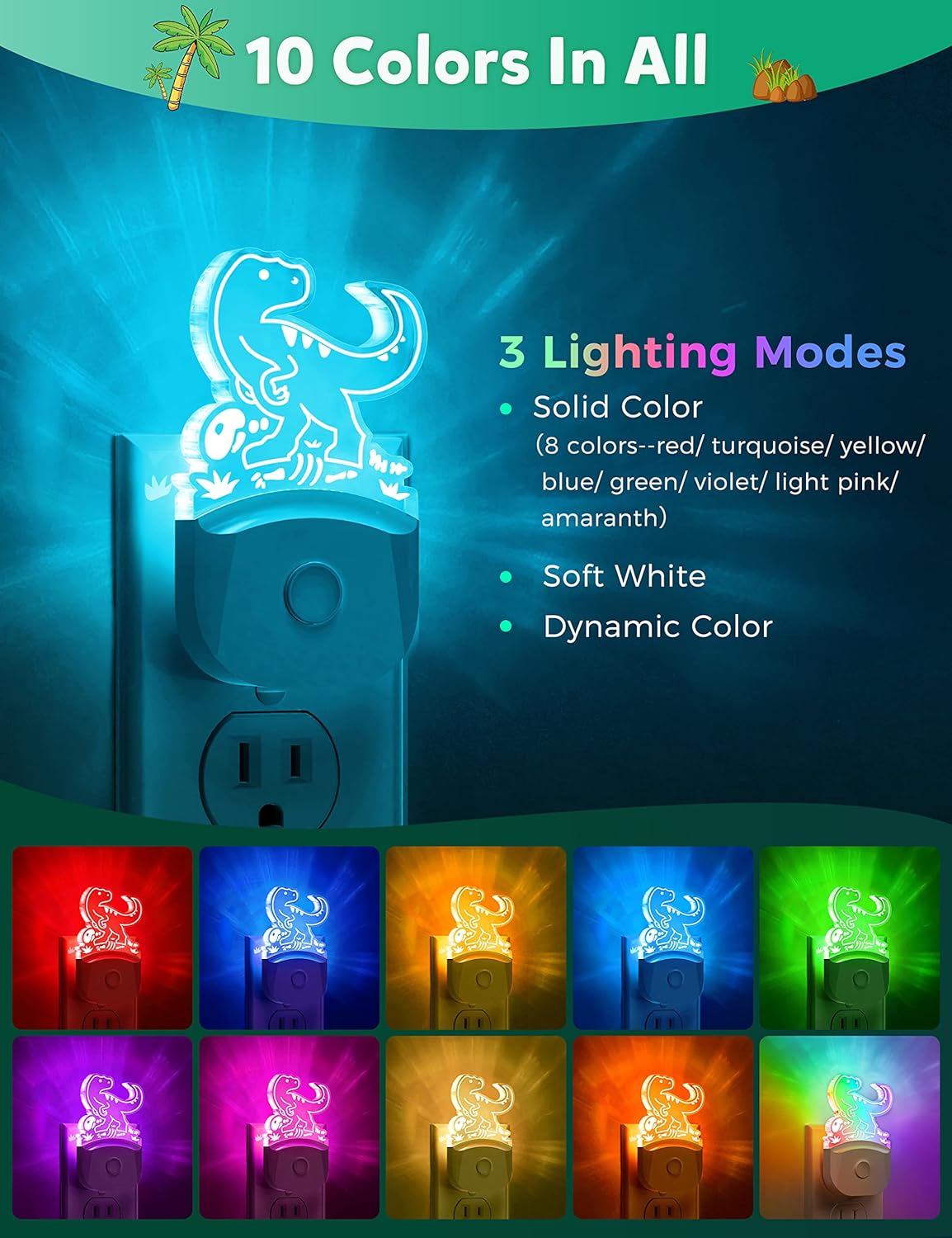 Luz nocturna de dinosaurio para niños 2 unidades, 8 colores cambiantes de luz nocturna para niños, luz nocturna de bebé con sensor de atardecer a