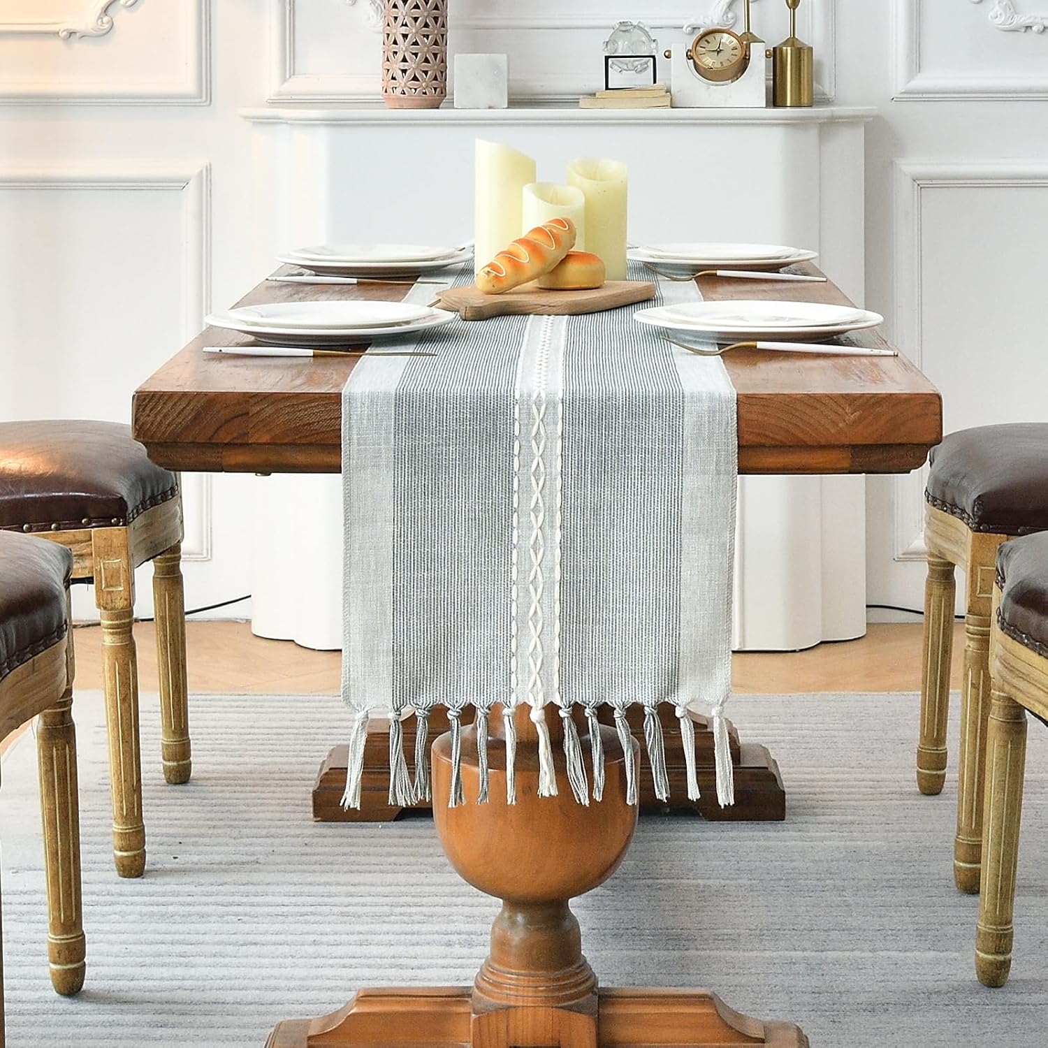 Wracra Camino de mesa bordado de lino de 108 pulgadas de largo con borlas a mano para decoración de fiestas de vacaciones, bodas y comedor (gris, 13