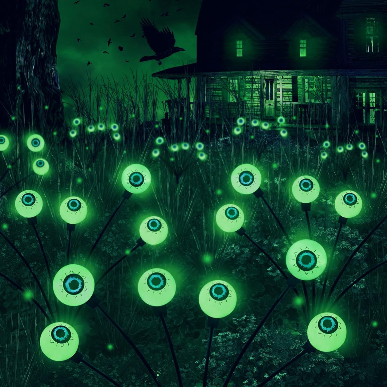 Luces solares de globo ocular para decoración de Halloween, paquete de 2 luces LED de luciérnaga con estacas, luces solares impermeables y