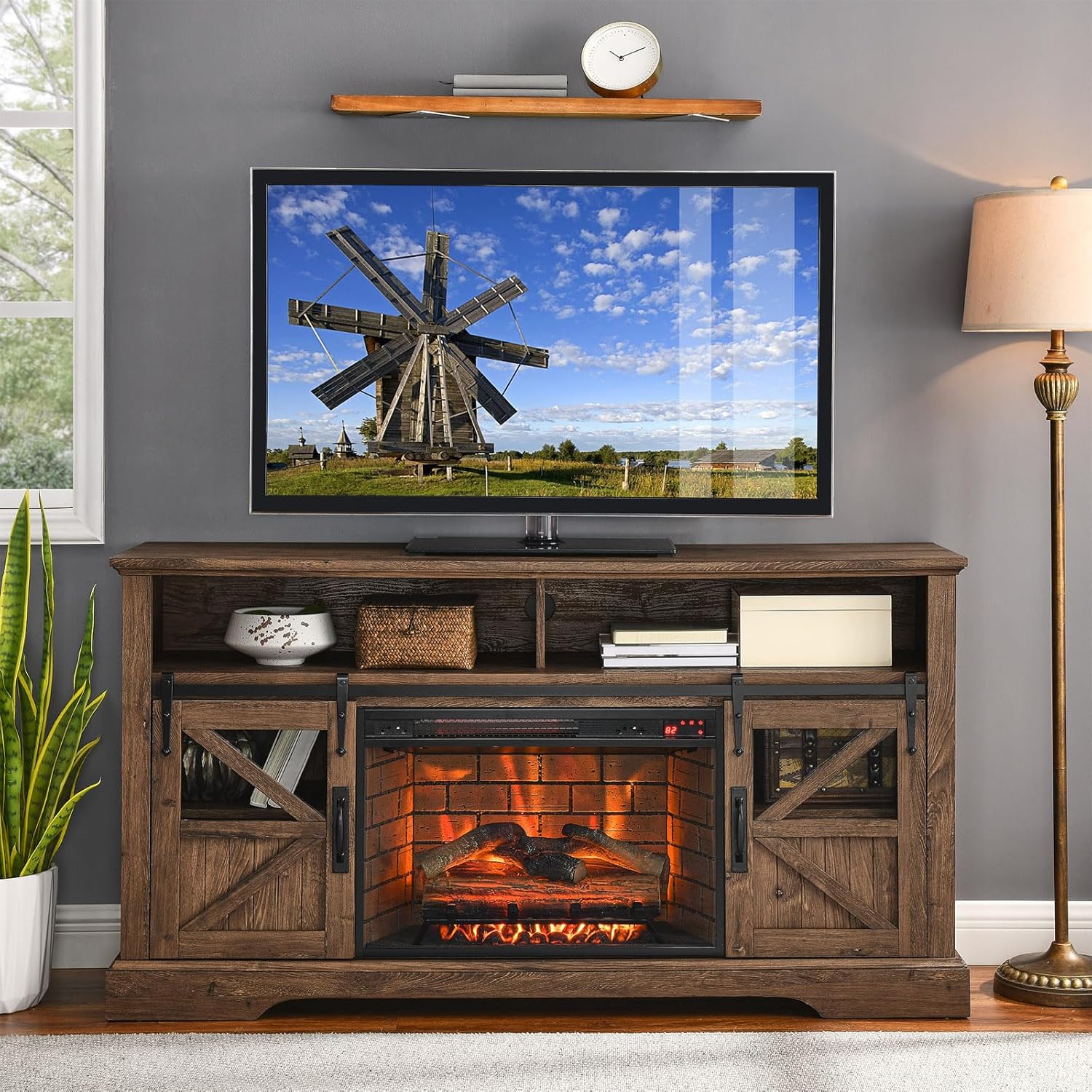 Chimenea eléctrica con soporte de TV, hogar eléctrico tradicional de 60 pulgadas, combinación de soporte de TV y consola, con salida de calor de