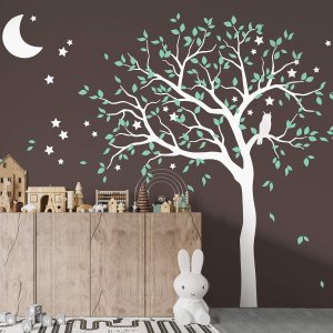 Adhesivo decorativo para pared de árbol grande con búho, luna y estrellas, decoración mural 088 (inclinada hacia la izquierda, blanco, menta) Adhesivo decorativo para pared de árbol grande con búho, luna y estrellas, decoración mural 088 (inclinada hacia la izquierda, blanco, menta)