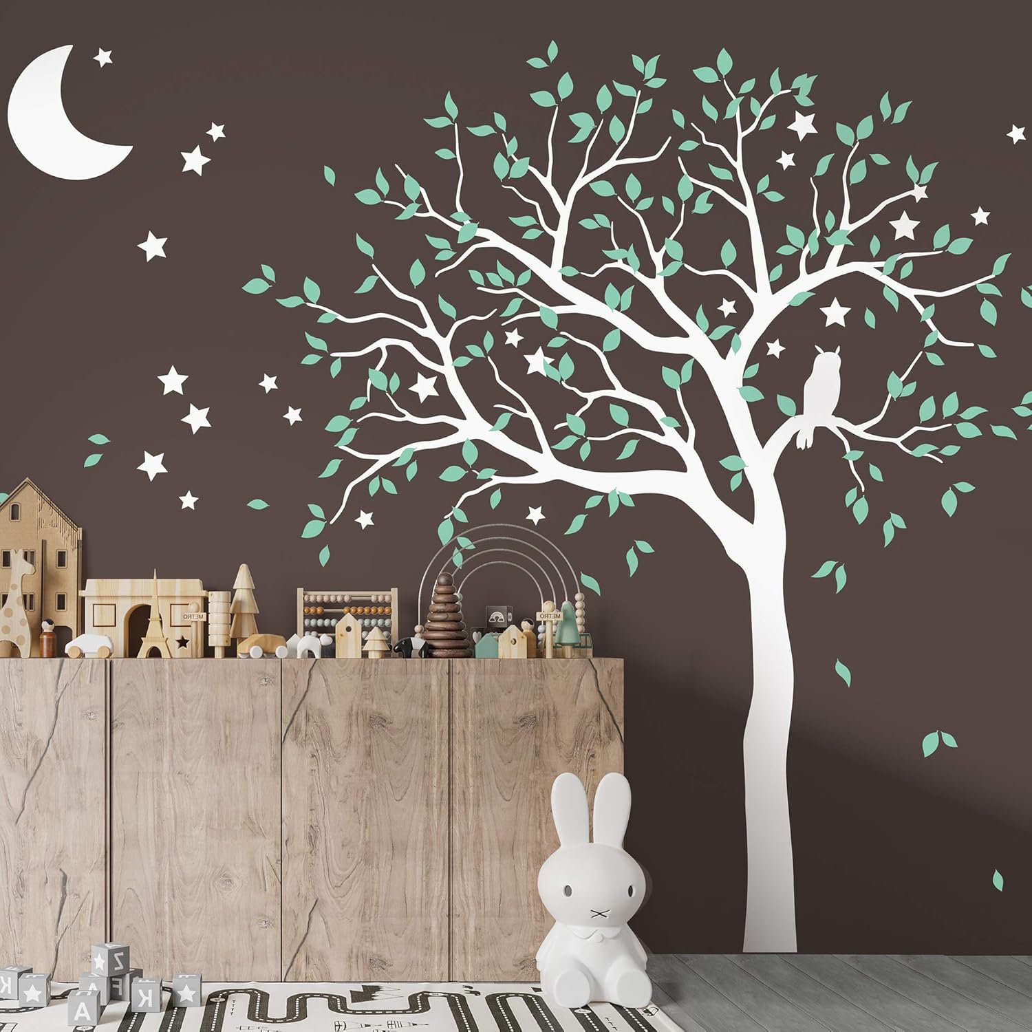 Adhesivo decorativo para pared de árbol grande con búho, luna y estrellas, decoración mural 088 (inclinada hacia la izquierda, blanco, menta)