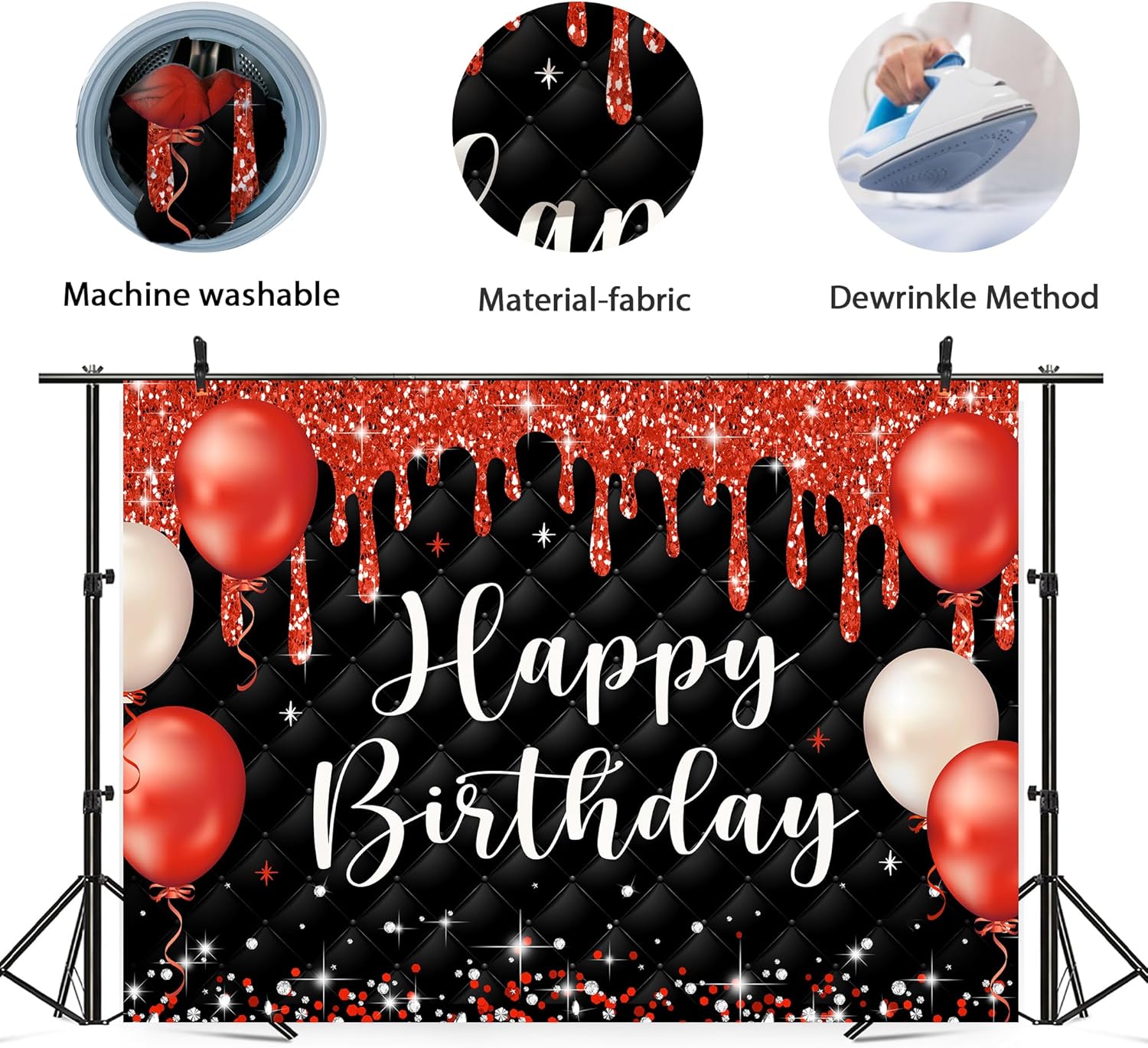 Cartel de feliz cumpleaños rojo y negro para mujeres y niñas, 7 pulgadas de ancho x 5 de alto, fotografía moderna de lujo con puntos de purpurina,